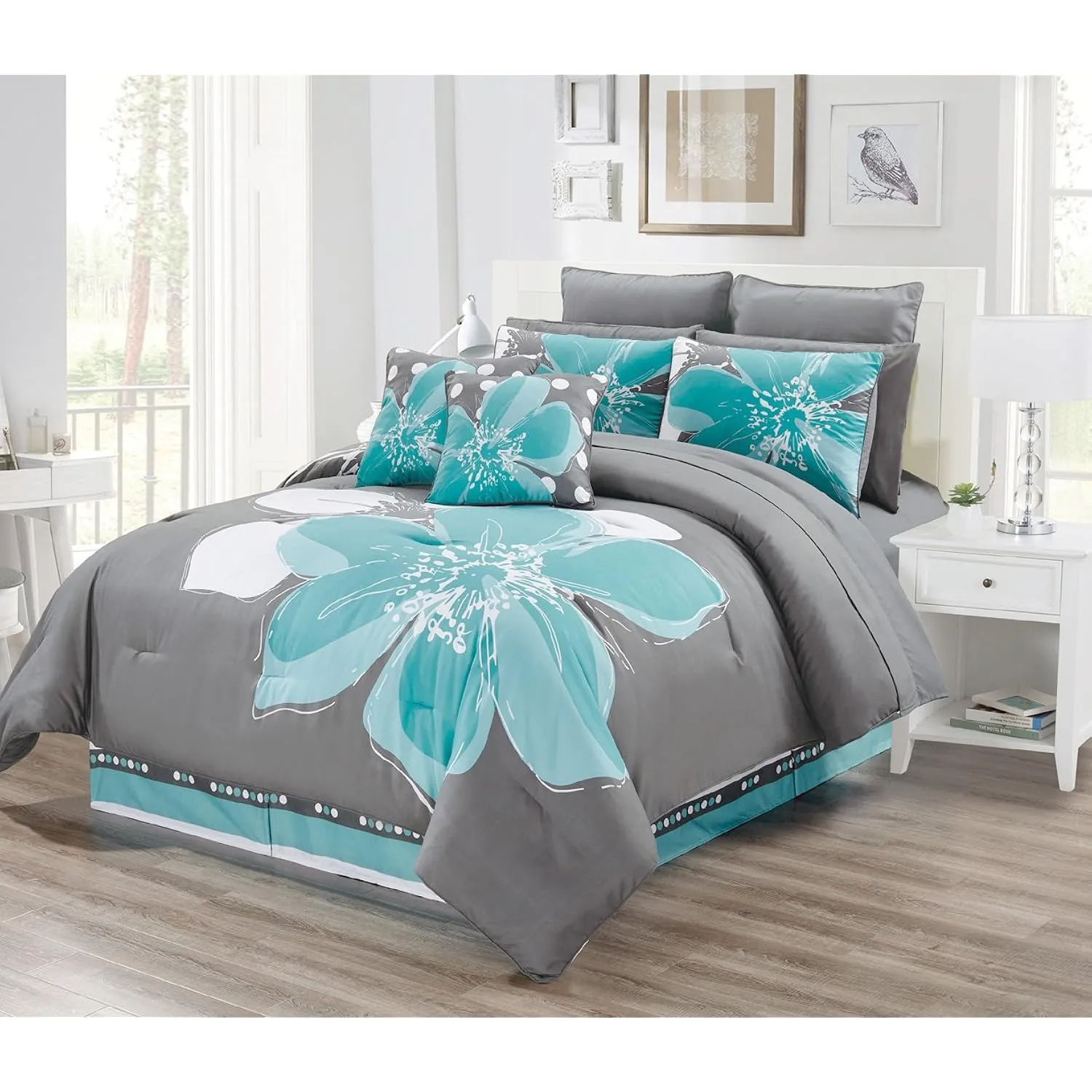 12 - Piece Aqua Blue, Grey, White Floral Bed-In-A-Bag King Size Bedding   Shee