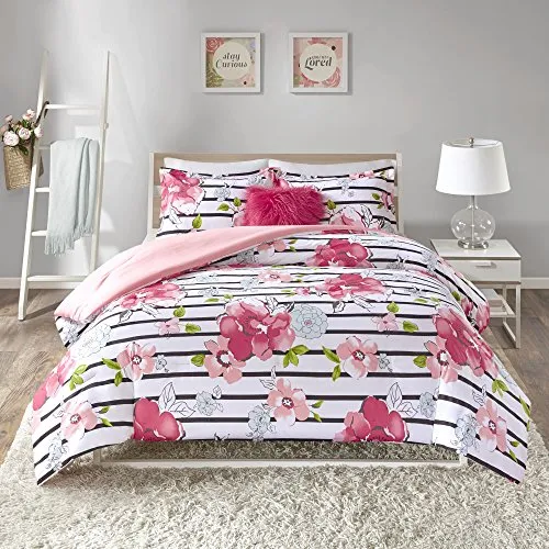 4 Piece (Full/Queen Size) Cute Pink Floral Bed Set with Faux Fur Decorative Pillow