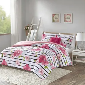 4 Piece (Full/Queen Size) Cute Pink Floral Bed Set with Faux Fur Decorative Pillow