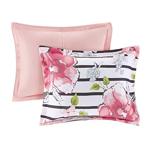 4 Piece (Full/Queen Size) Cute Pink Floral Bed Set with Faux Fur Decorative Pillow