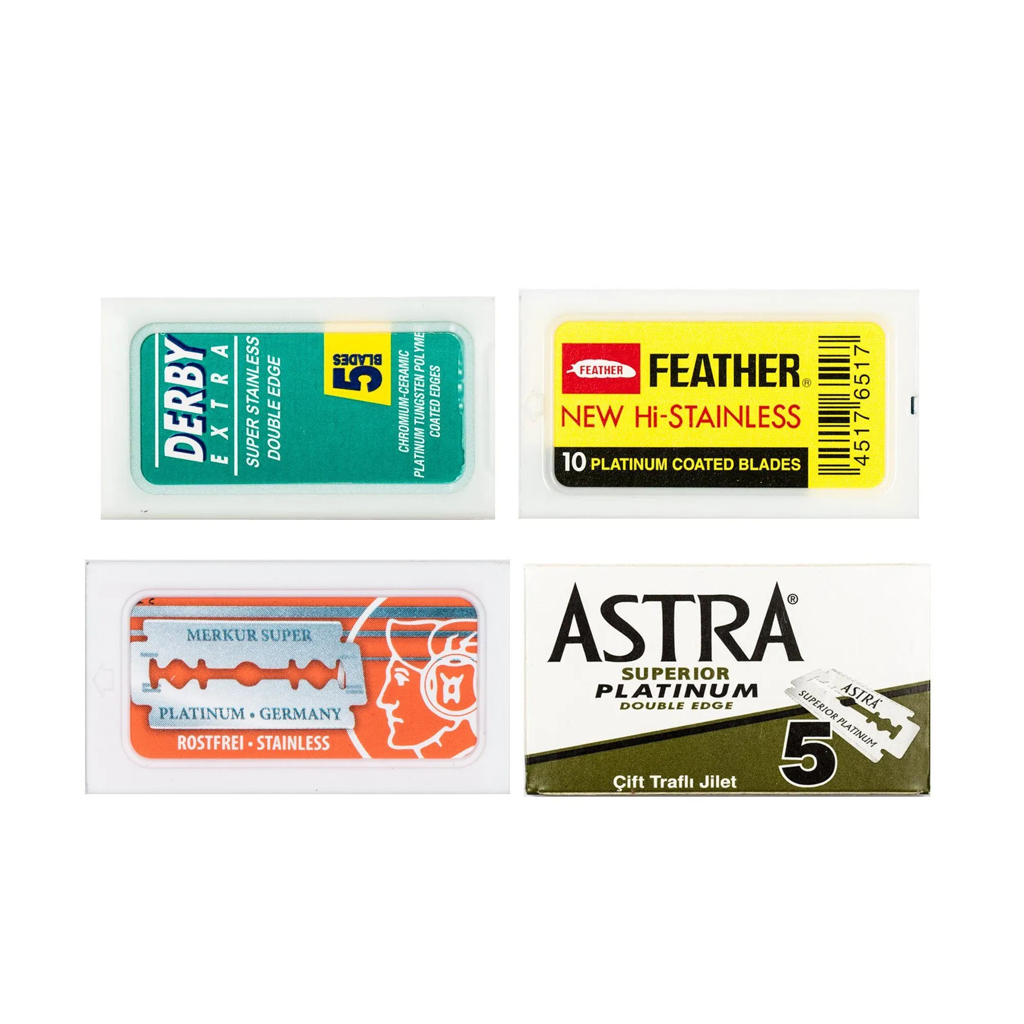 40pc Double Edge Razor Blade Sampler Pack: Feather, Astra, Merkur and Derby