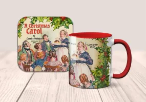 A Christmas Carol by Charles Dickens Mug and Coaster Set. Coffee Mug  and Coaster with Christmas Carol design, Christmas Gift.