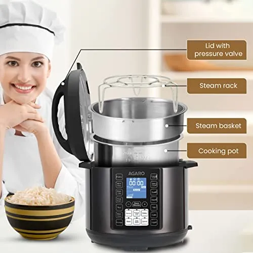 AGARO Imperial Electric Pressure Cooker, 6 litre, 14 Pre-Set multi Cooking Functions, Adjustable Pressure, Timer, Stainless Steel Pot, Pressure Cook, Slow Cook, Saute & More, Black, Outer Lid