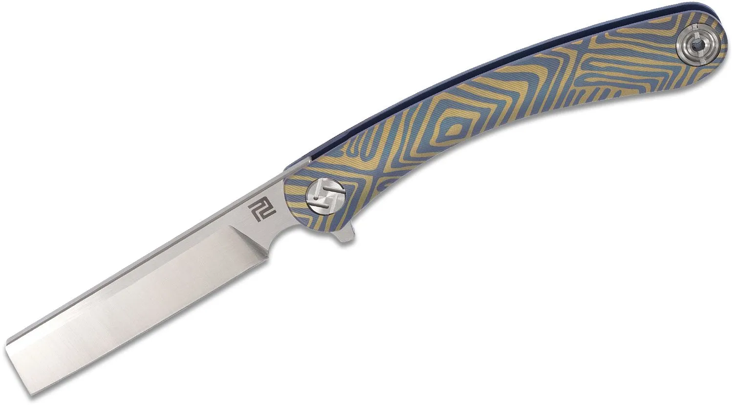 ArtisanCutlery Orthodox Flipper Knife 2.95" S35VN Satin Razor Blade, Blue and Gold Anodized Titanium Handles - 1817GS-BU03