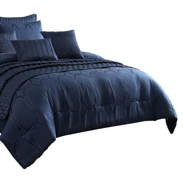 Benzara 10 Piece King Polyester Comforter Set with Geometric Oblong Print, Dark Blue