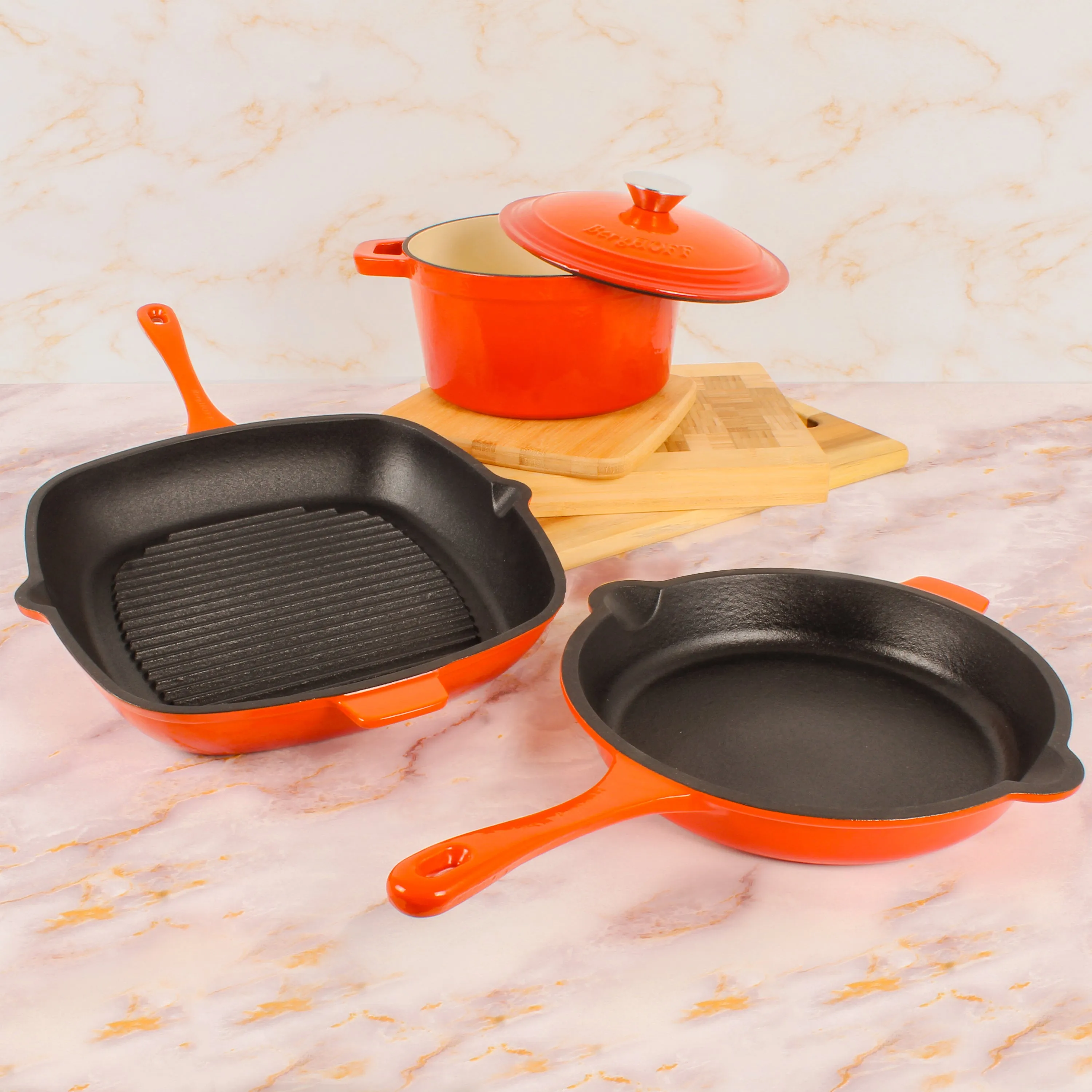 BergHOFF Neo 4pc Cast Iron Cookware Set, Fry Pan, Grill Pan & Round Dutch Oven, Orange