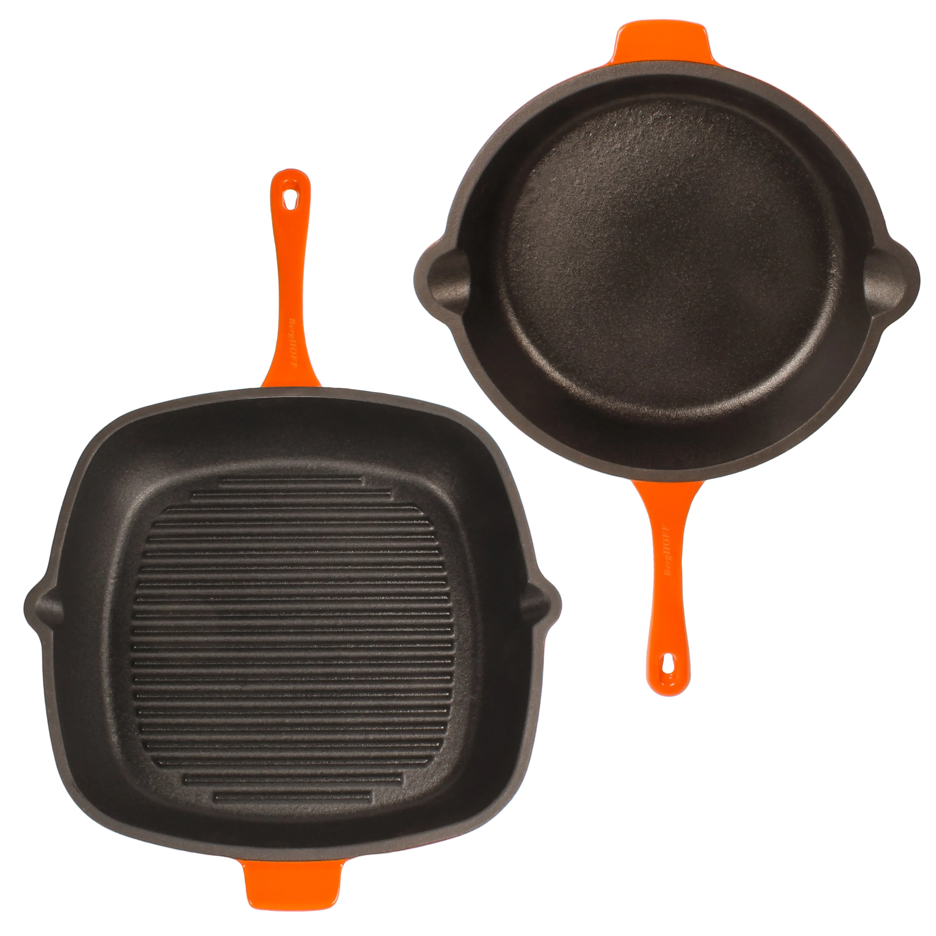 BergHOFF Neo 4pc Cast Iron Cookware Set, Fry Pan, Grill Pan & Round Dutch Oven, Orange