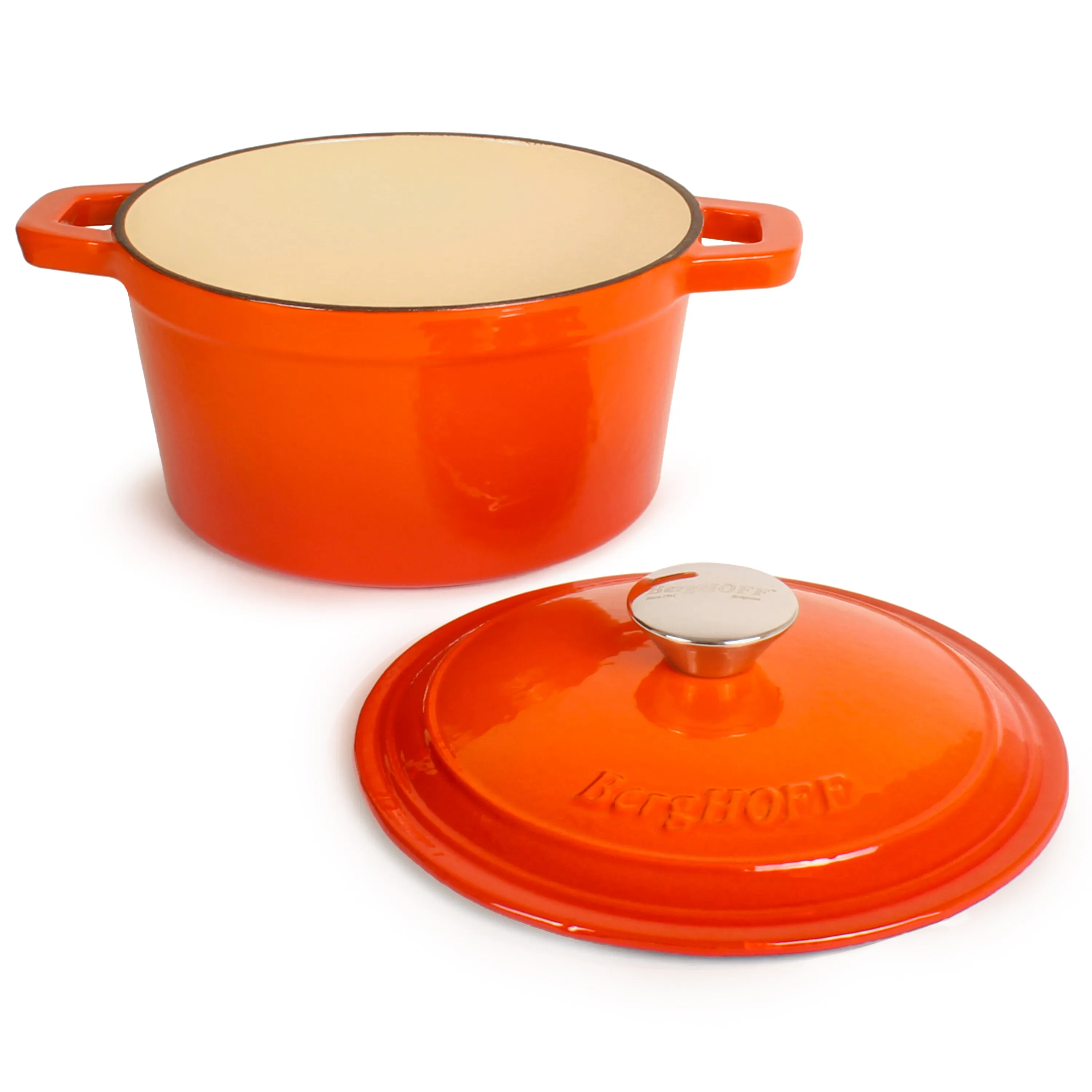 BergHOFF Neo 4pc Cast Iron Cookware Set, Fry Pan, Grill Pan & Round Dutch Oven, Orange