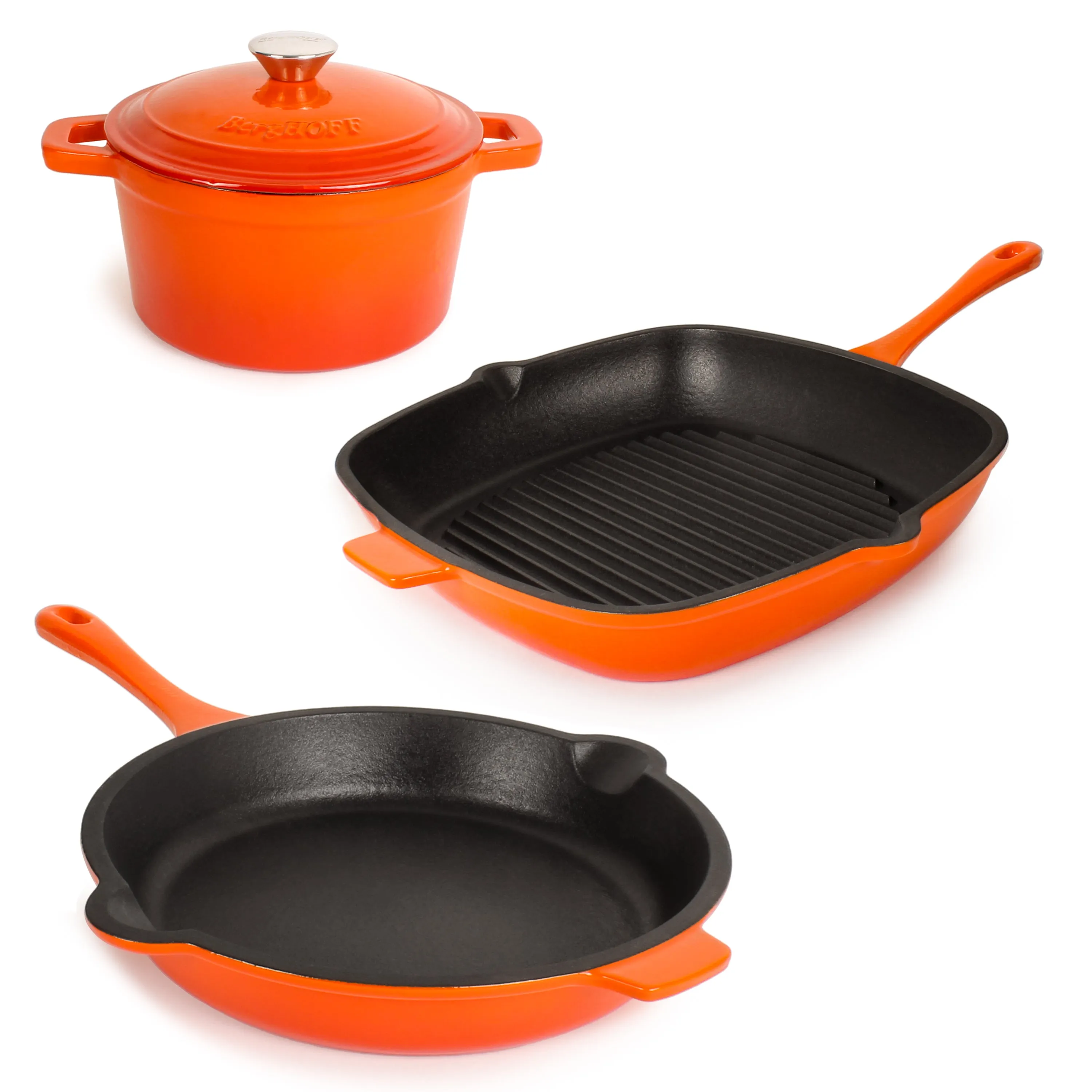 BergHOFF Neo 4pc Cast Iron Cookware Set, Fry Pan, Grill Pan & Round Dutch Oven, Orange