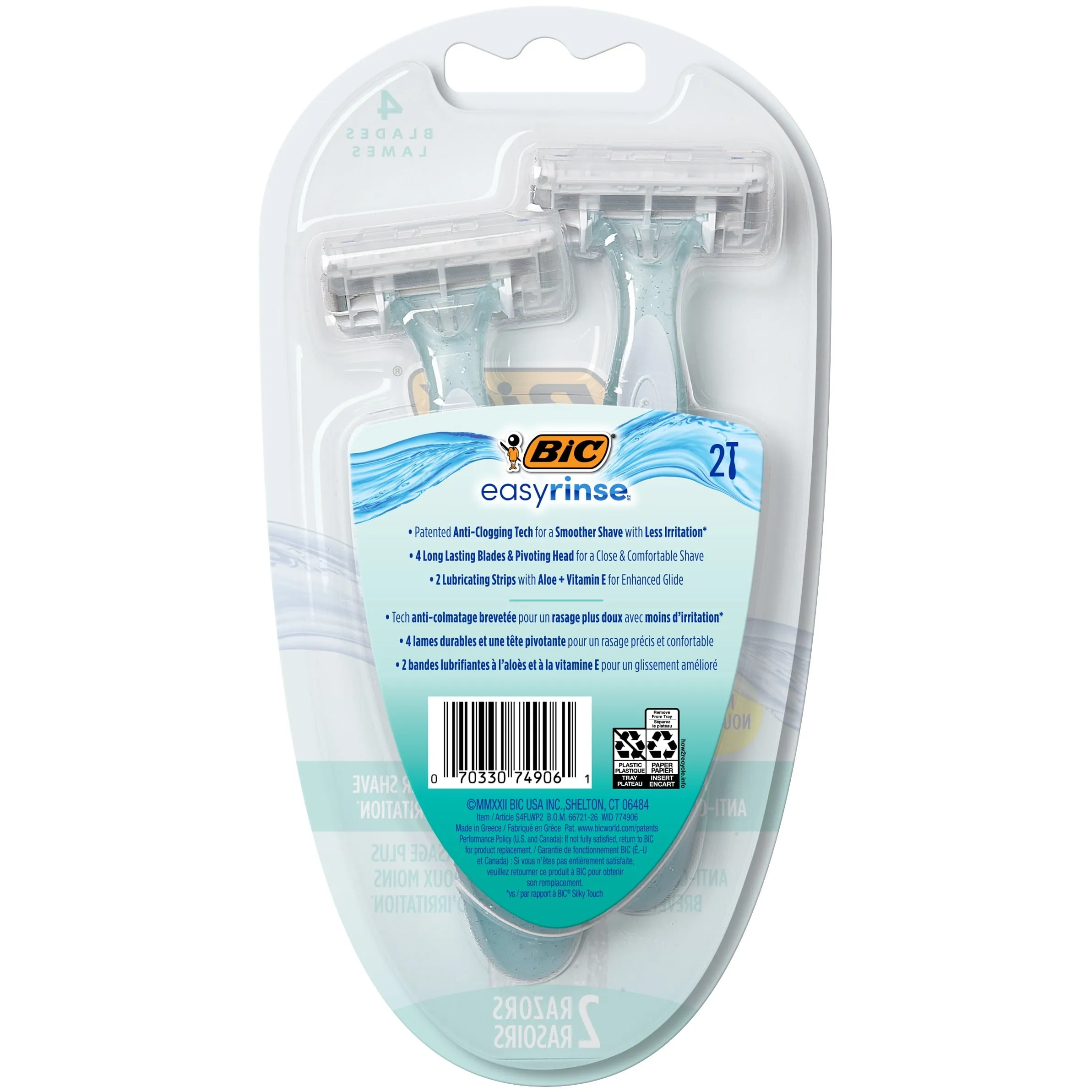 BIC EasyRinse Anti-Clogging Women's Disposable Razors with 4 Easy Rinse Shaving Blades, 2 Count