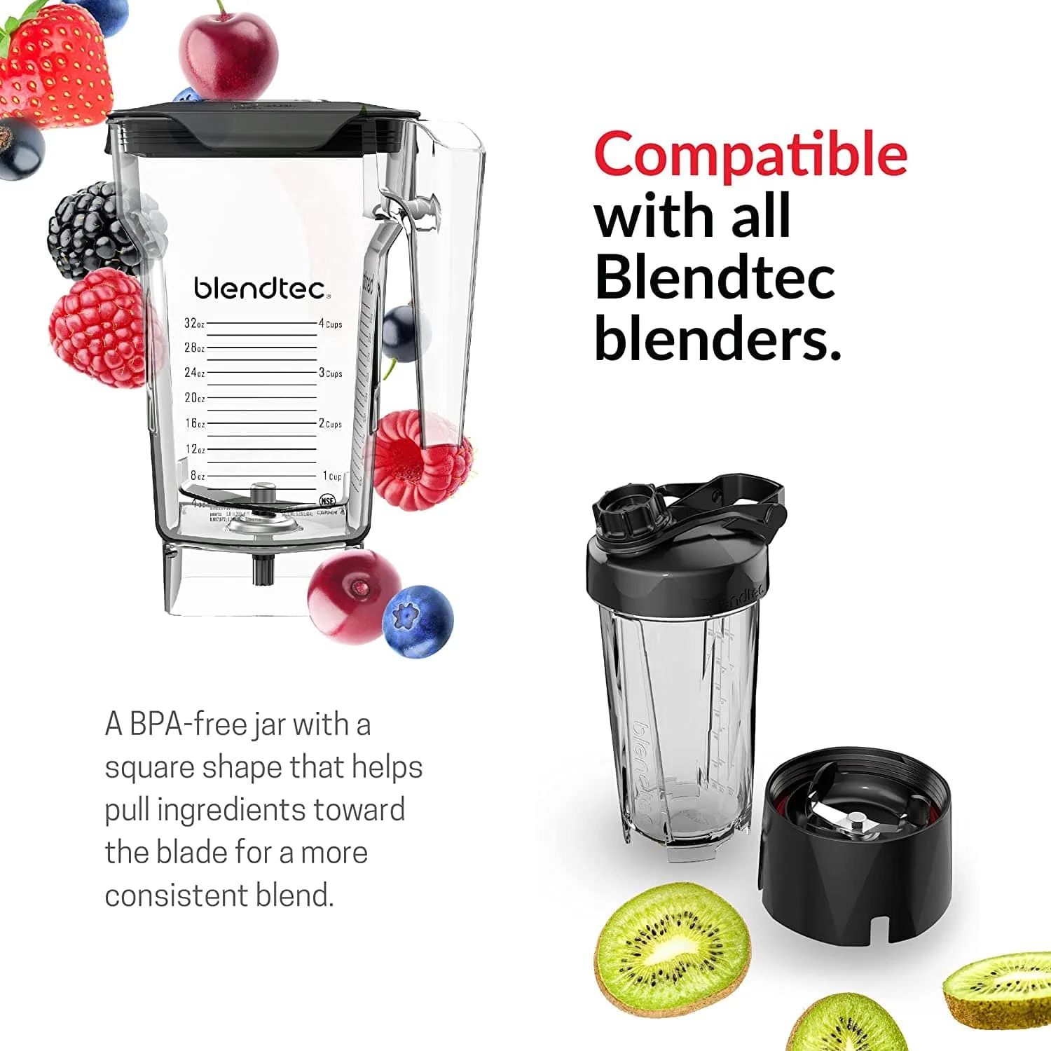 Blendtec 75oz volume 32oz Wet Dry Fillable FourSide Professional-Grade Blender Jar and Vented Latching Lid Clear