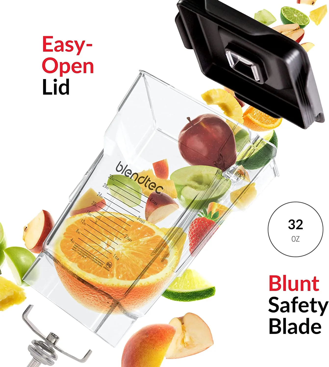 Blendtec 75oz volume 32oz Wet Dry Fillable FourSide Professional-Grade Blender Jar and Vented Latching Lid Clear