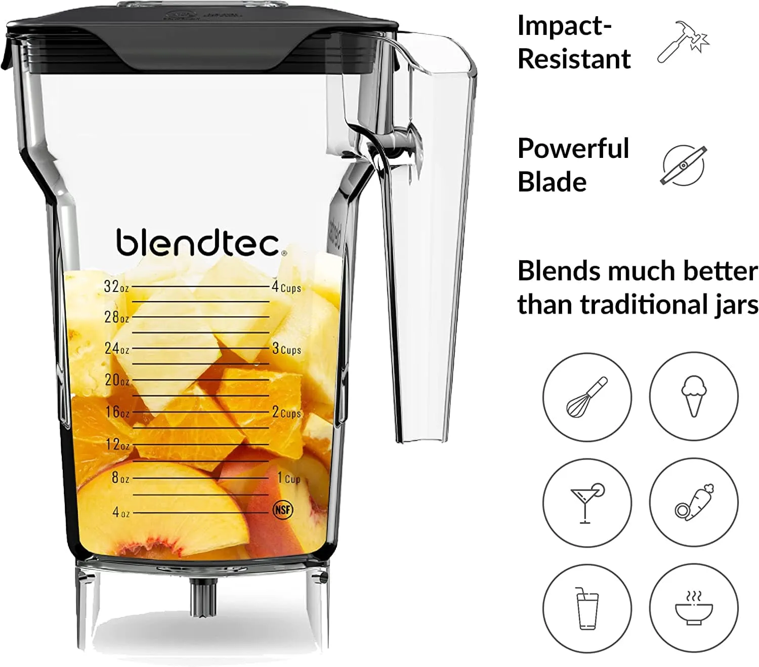 Blendtec 75oz volume 32oz Wet Dry Fillable FourSide Professional-Grade Blender Jar and Vented Latching Lid Clear