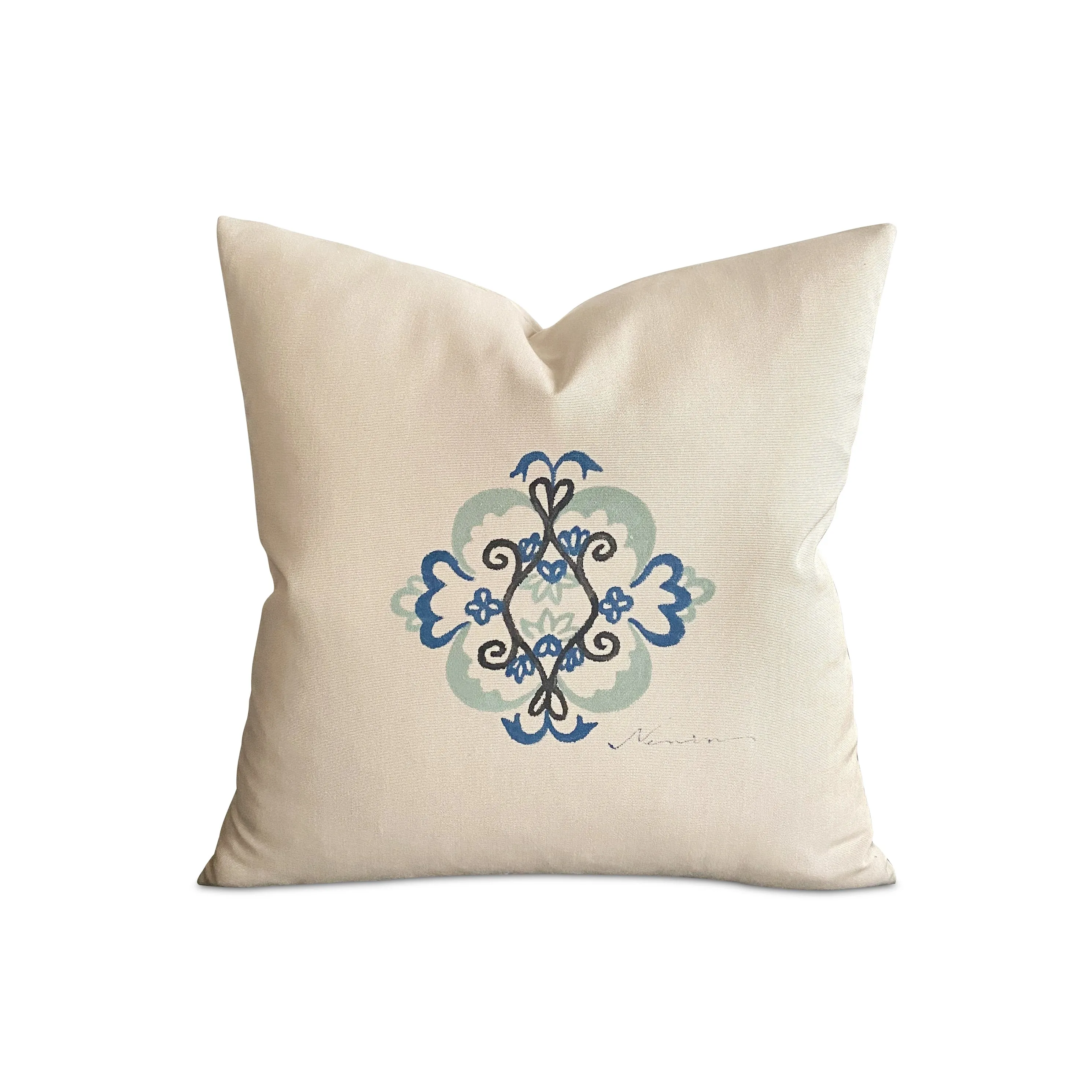 Blue Hand-Painted Crest Throw Pillow Cover 16x16