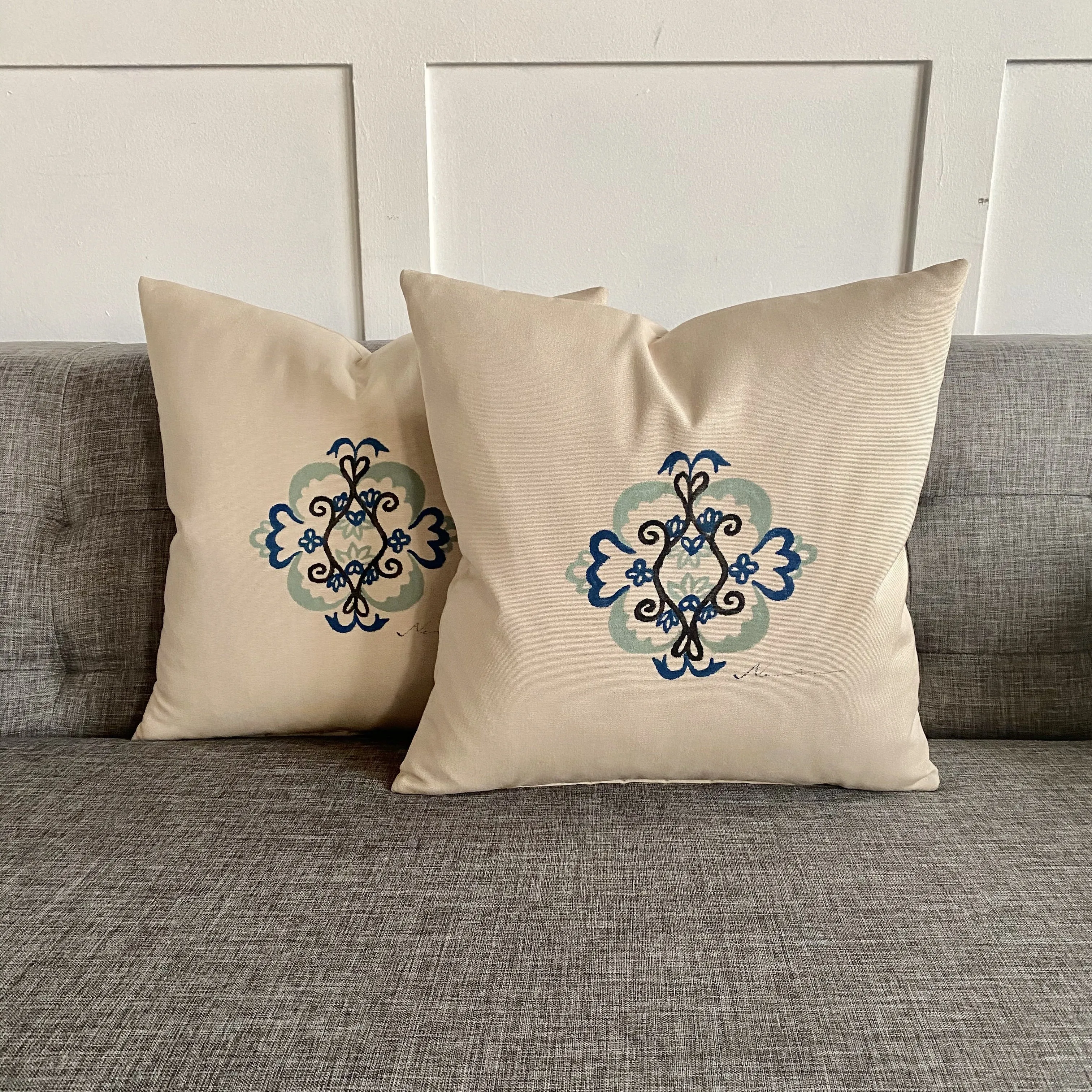 Blue Hand-Painted Crest Throw Pillow Cover 16x16