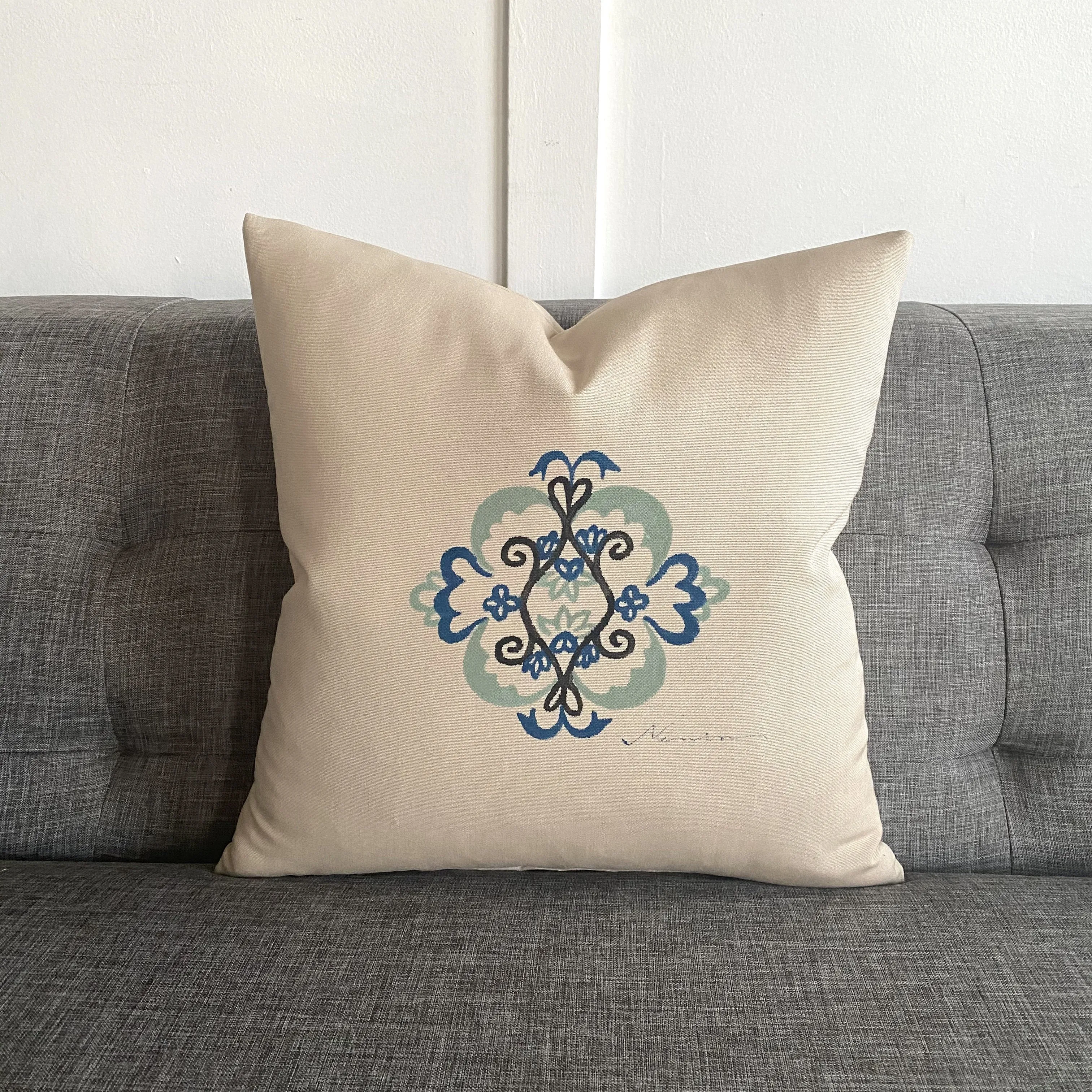 Blue Hand-Painted Crest Throw Pillow Cover 16x16