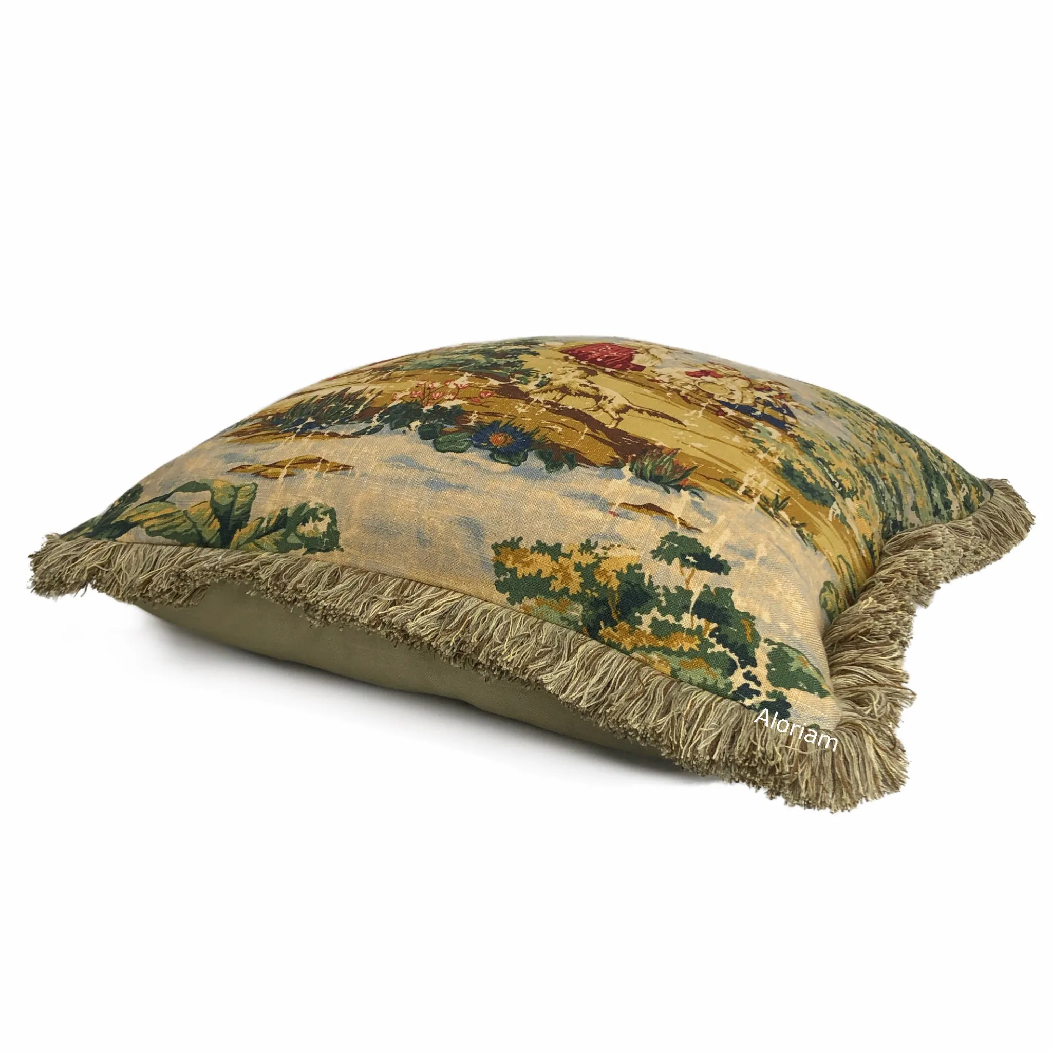 Bosporus Billiard Green Crimson Old World Scenic Landscape Toile Pillow Cover with Brush Fringe Trim