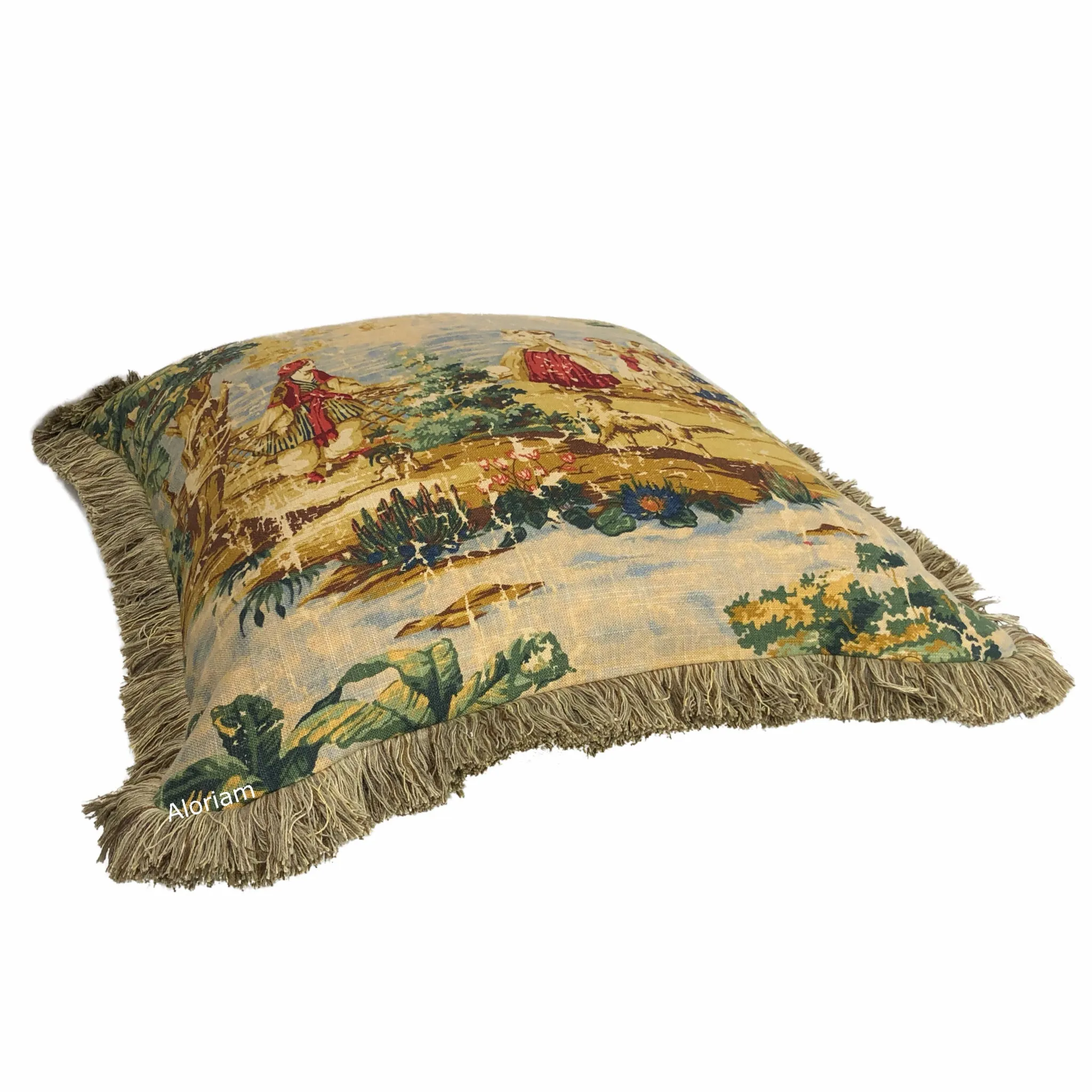 Bosporus Billiard Green Crimson Old World Scenic Landscape Toile Pillow Cover with Brush Fringe Trim