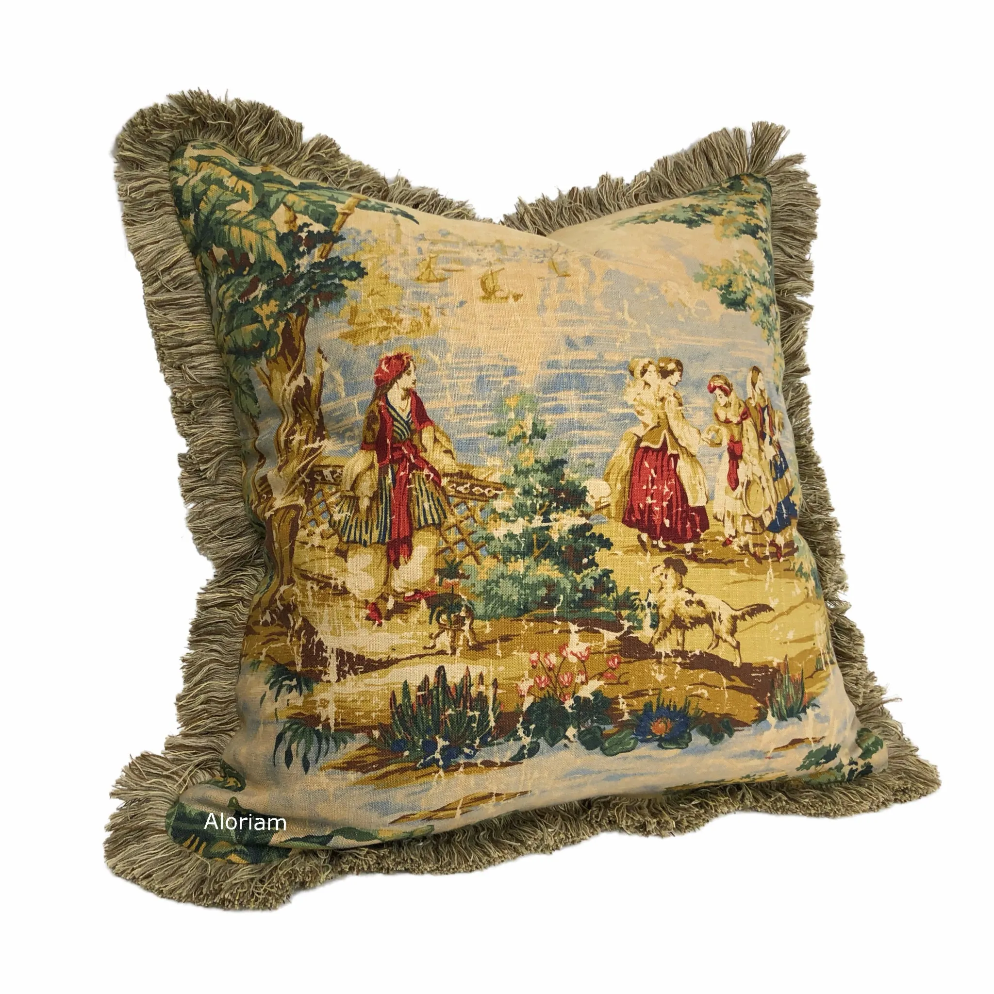 Bosporus Billiard Green Crimson Old World Scenic Landscape Toile Pillow Cover with Brush Fringe Trim