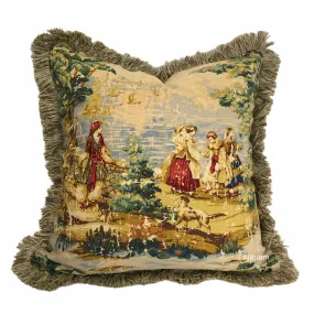 Bosporus Billiard Green Crimson Old World Scenic Landscape Toile Pillow Cover with Brush Fringe Trim