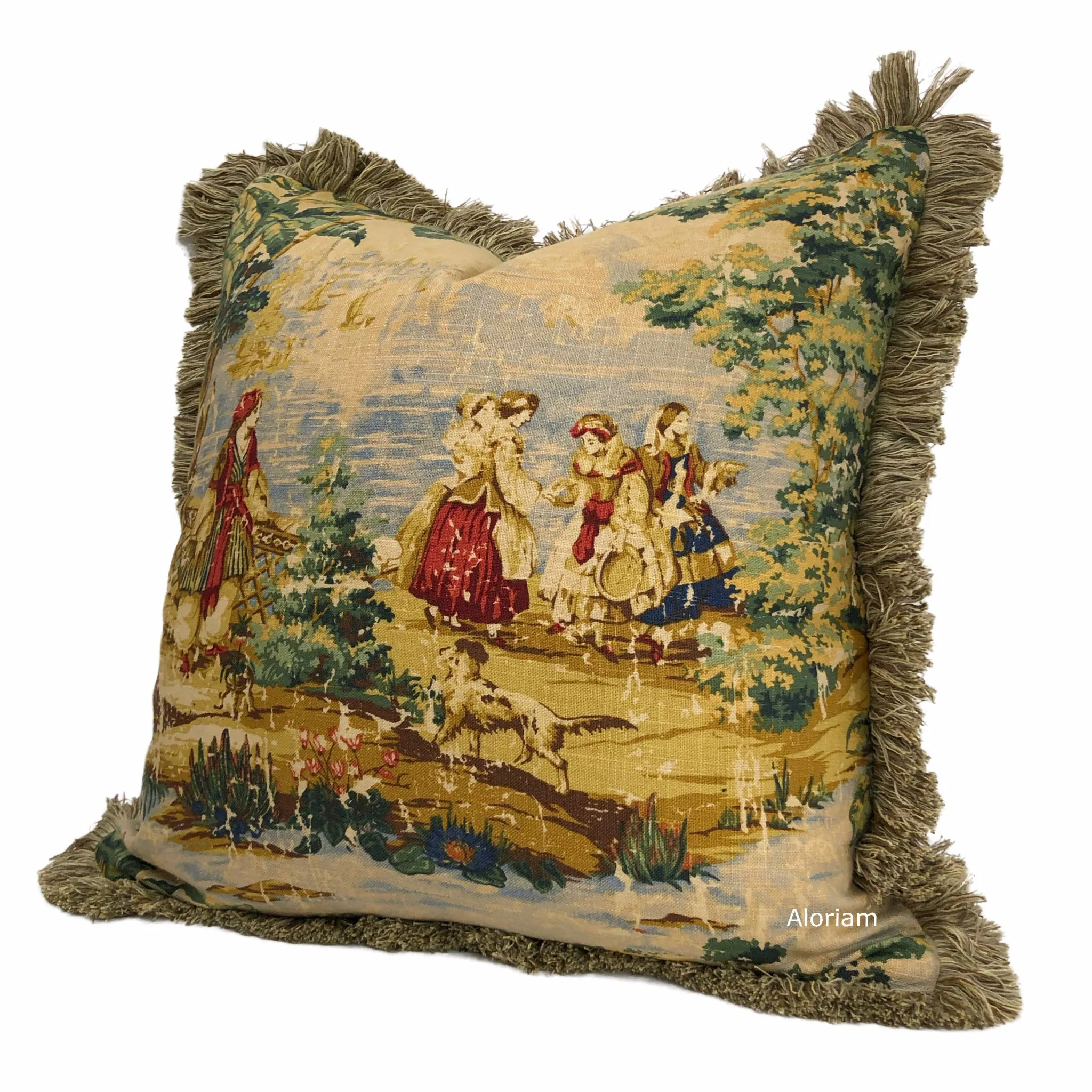 Bosporus Billiard Green Crimson Old World Scenic Landscape Toile Pillow Cover with Brush Fringe Trim