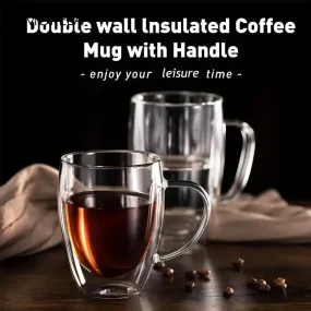 CAFE 6pcs, Double Wall Glass Coffee Mugs With Handle