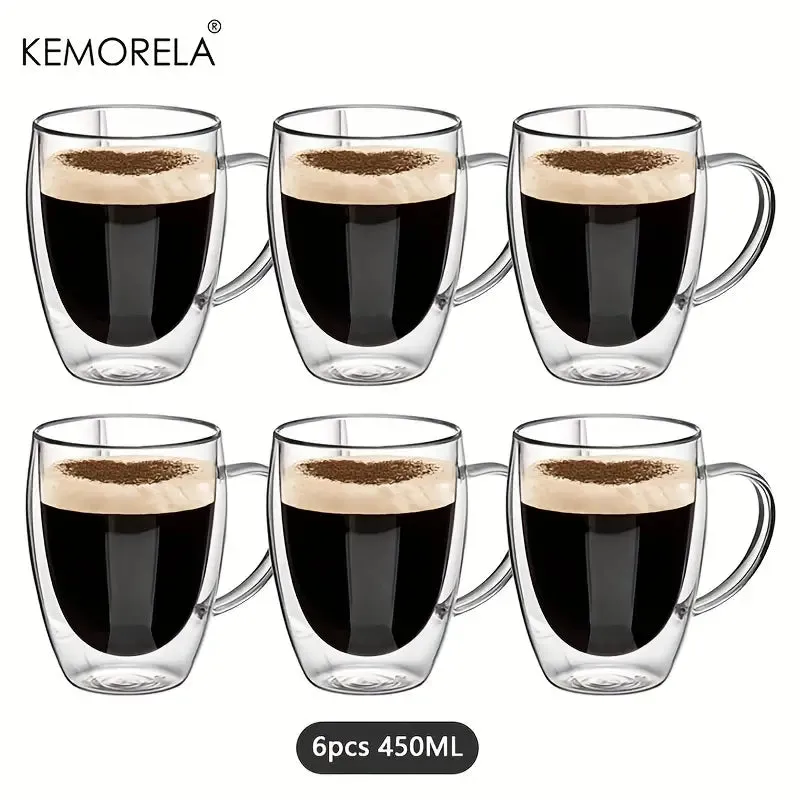 CAFE 6pcs, Double Wall Glass Coffee Mugs With Handle