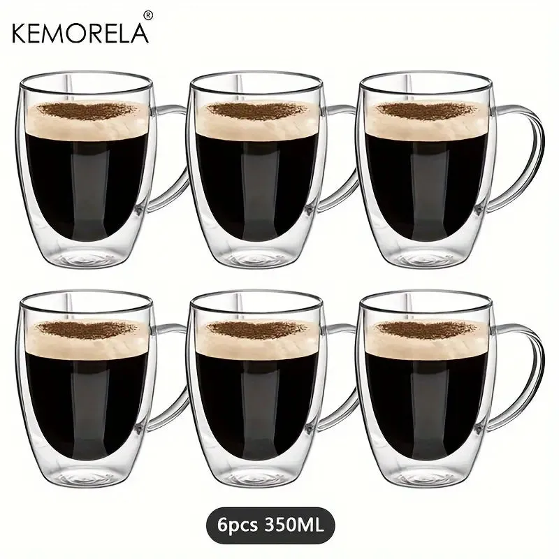 CAFE 6pcs, Double Wall Glass Coffee Mugs With Handle