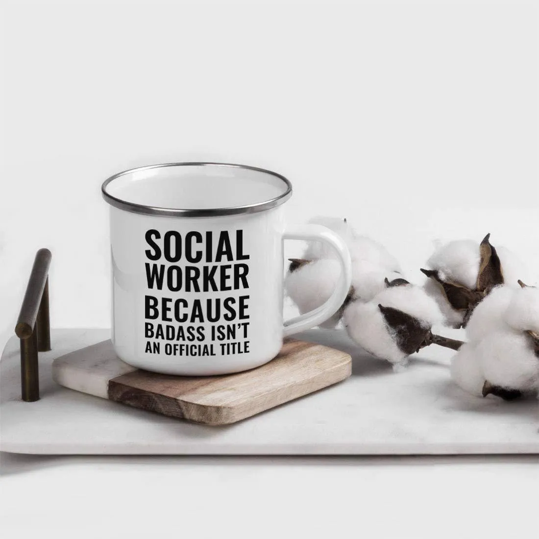 Campfire Enamel Mug Gift, Social Worker Because Badass Isn't an Official Title