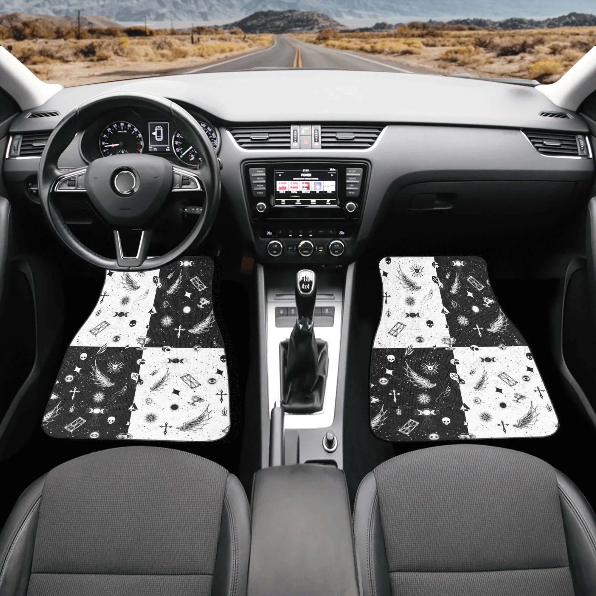 Car Floor Mats | Set of 4 | Universal size | All Weather proof | Affordable | Washable- Monochrome Checkered