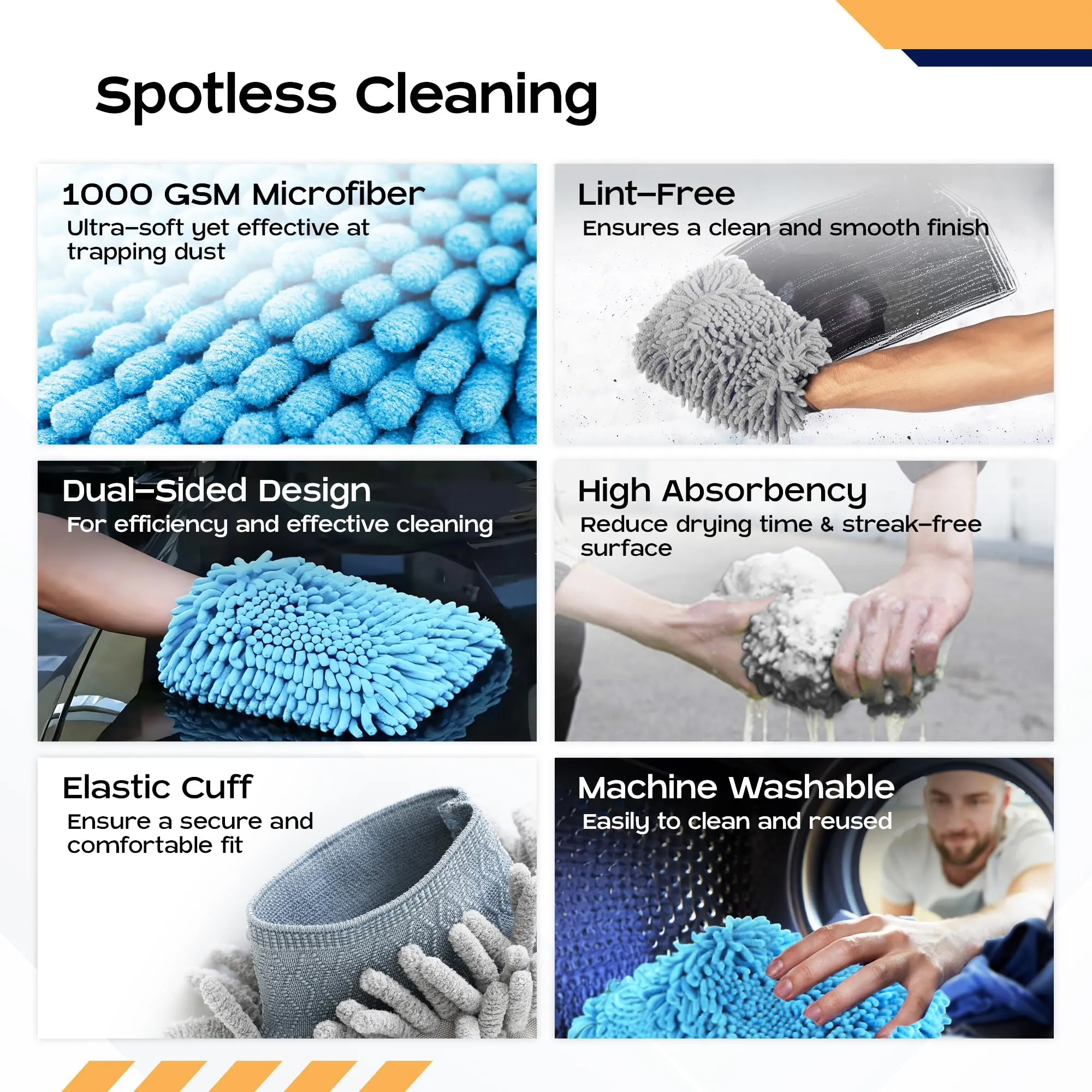 CARBINIC Car Cleaning Cloth Wash Mitt | Super Soft Ultra Absorbent | Multipurpose Vehicle Home Cleaning Gloves Dual Side Bike Car Cleaning Accessories | Wet or Dry Use Pack of 2, Grey Blue