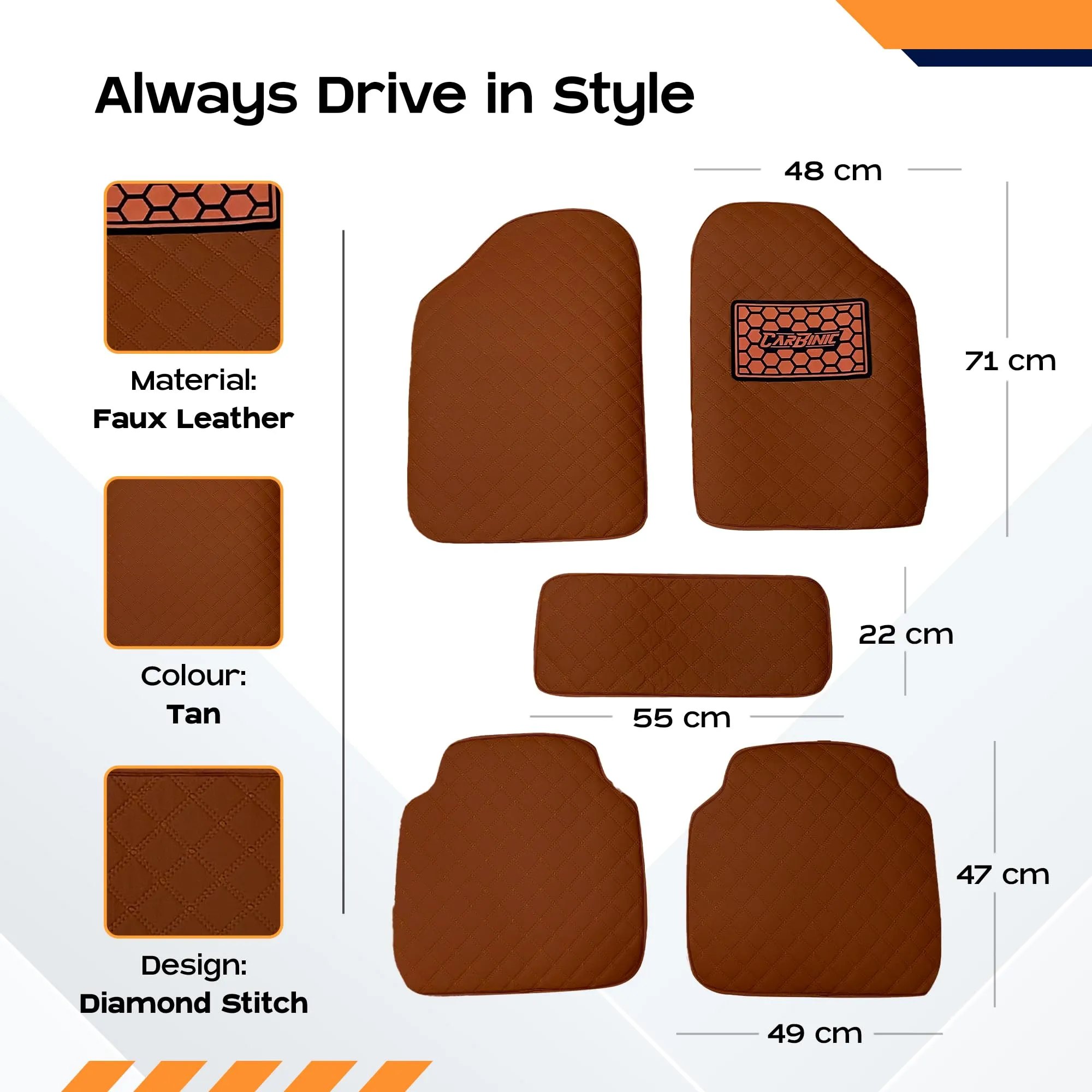 CARBINIC Leather 4D Car Mats - Universal Fit | Premium Double Layered Foot Mats For Car | Anti-Skid Car Floor Mats | Waterproof | Heel Pad | Car Accessories - Interior | Tan