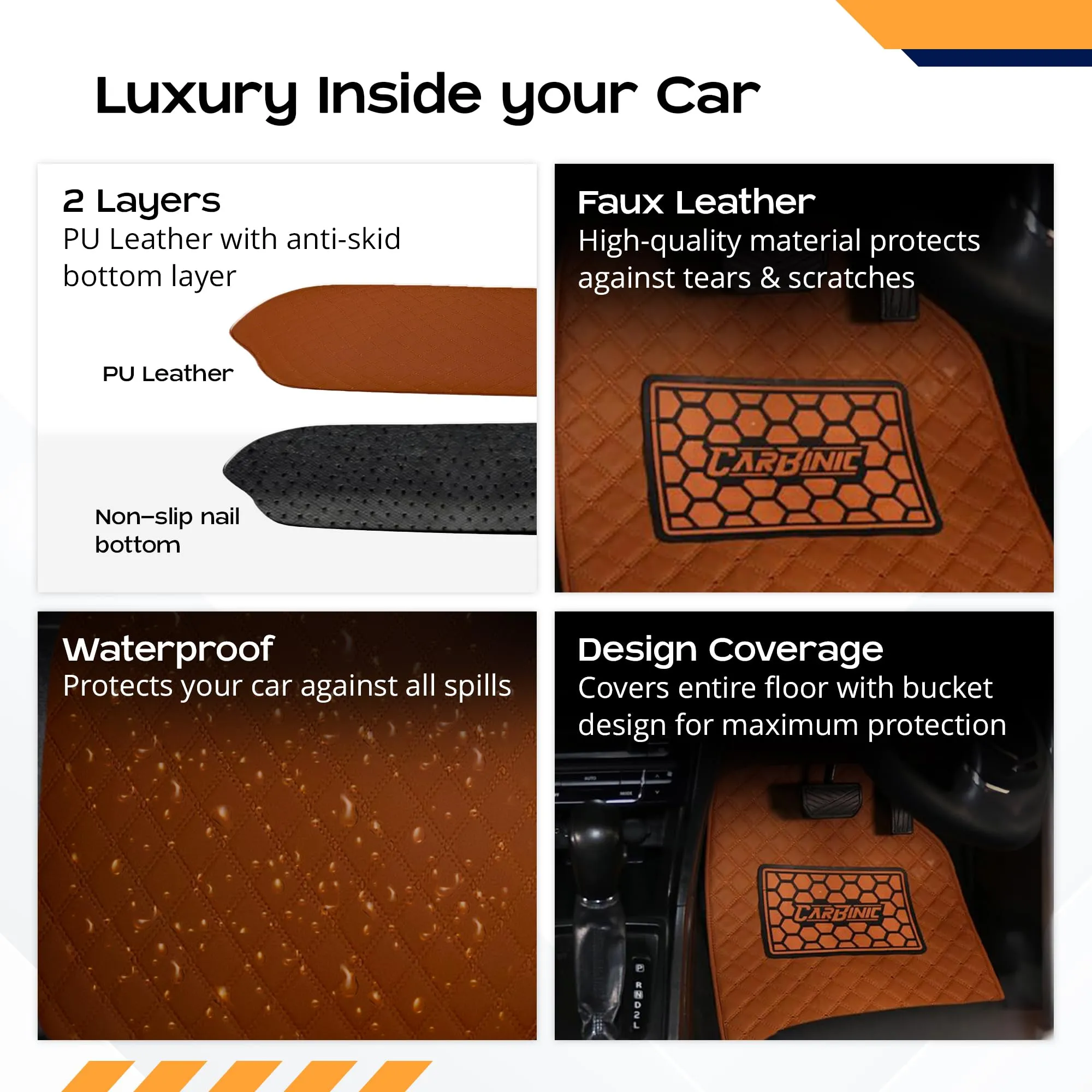 CARBINIC Leather 4D Car Mats - Universal Fit | Premium Double Layered Foot Mats For Car | Anti-Skid Car Floor Mats | Waterproof | Heel Pad | Car Accessories - Interior | Tan