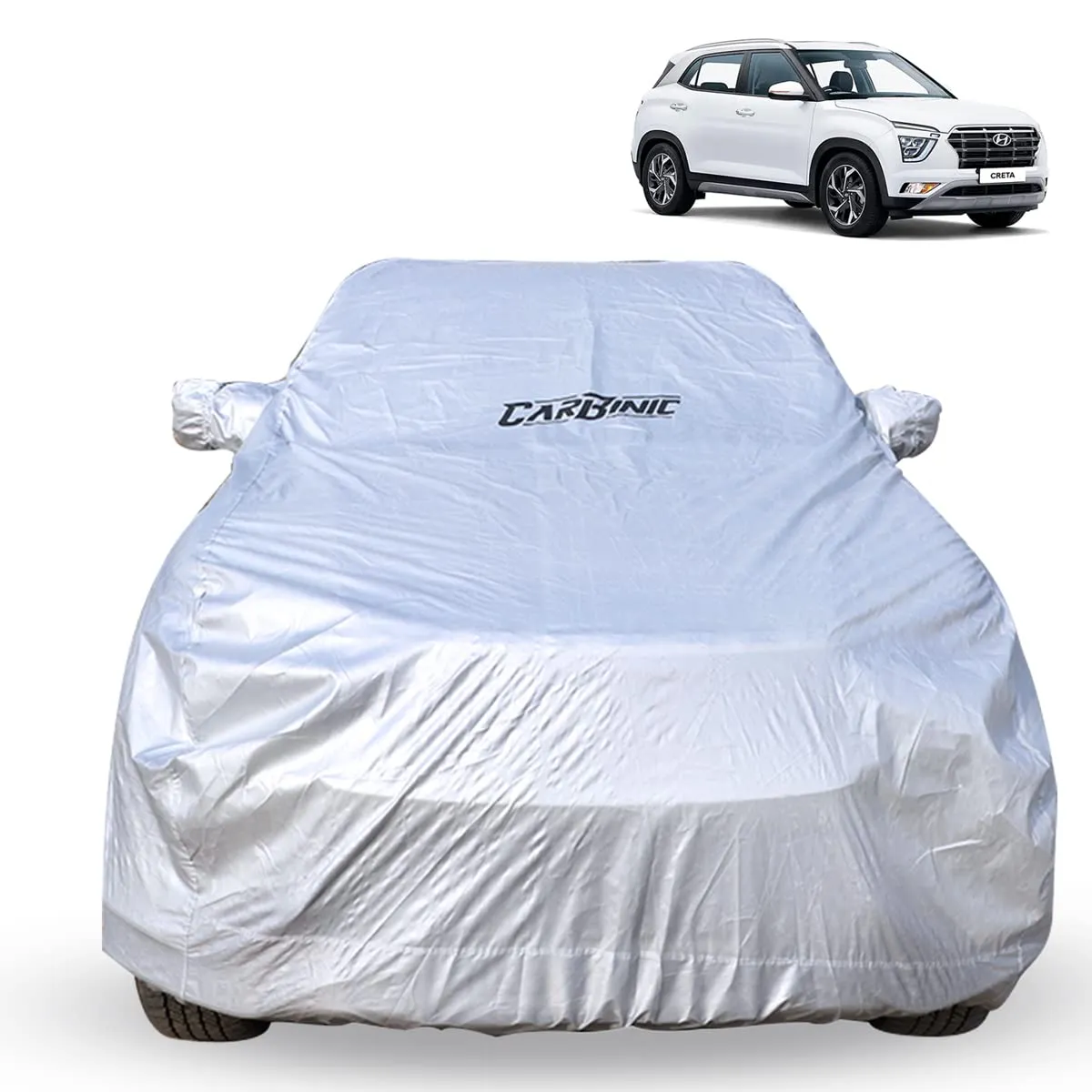 CARBINIC Waterproof Car Body Cover for Hyundai Creta 2022 | Dustproof, UV Proof Car Cover | Creta Car Accessories | Mirror Pockets & Antenna Triple Stitched | Double Layered Soft Cotton Lining, Silver