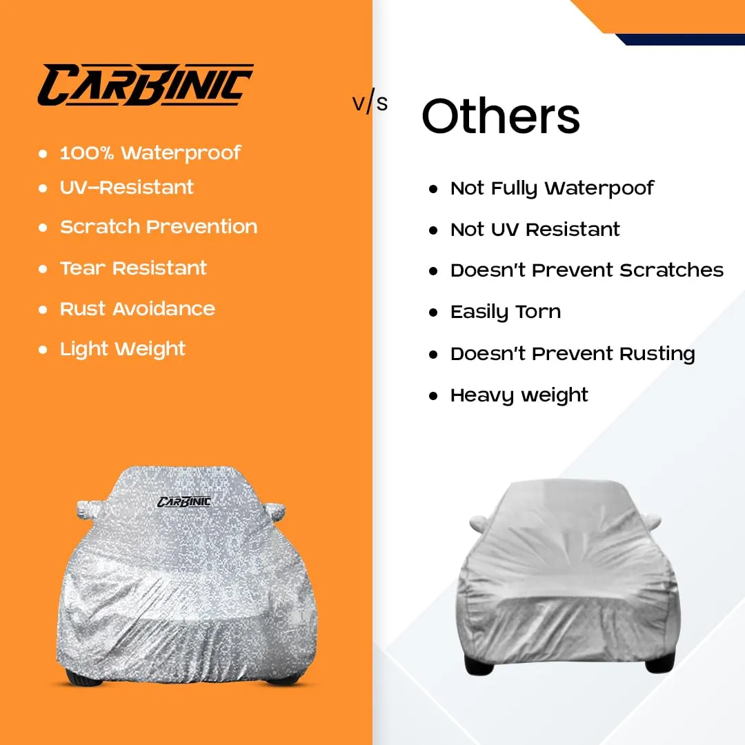 CARBINIC Waterproof Car Body Cover for KIA Sonet 2020 | Dustproof, UV Proof Car Cover | Sonet Car Accessories | Mirror Pockets & Antenna Triple Stitched | Double Layered Soft Cotton Lining, Silver