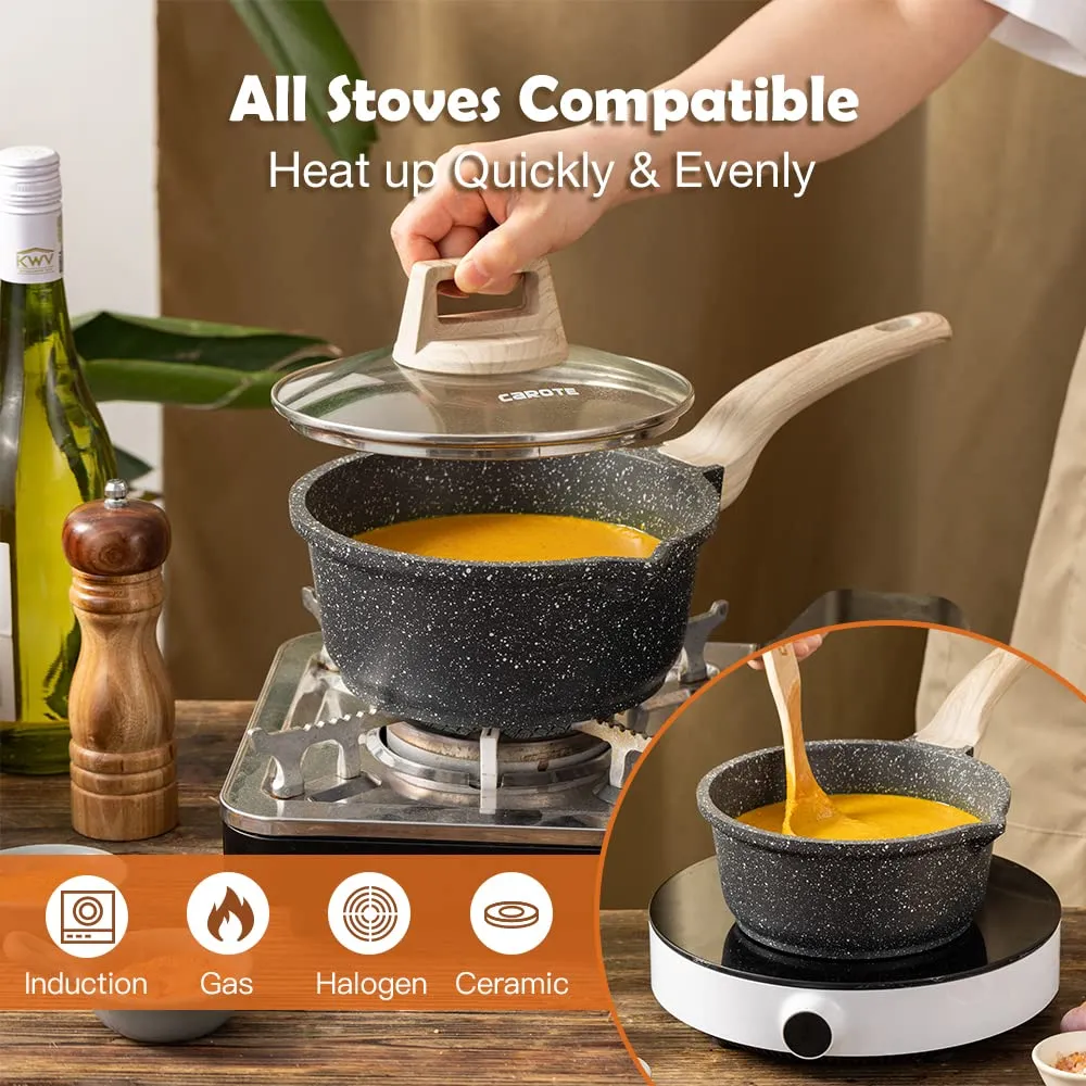 CAROTE 16/1.5 liter Non Stick Sauce Pan Tea pan, Granite Saucepan, Milk pan with Lid, Chai Pan Induction&Gas (Black)