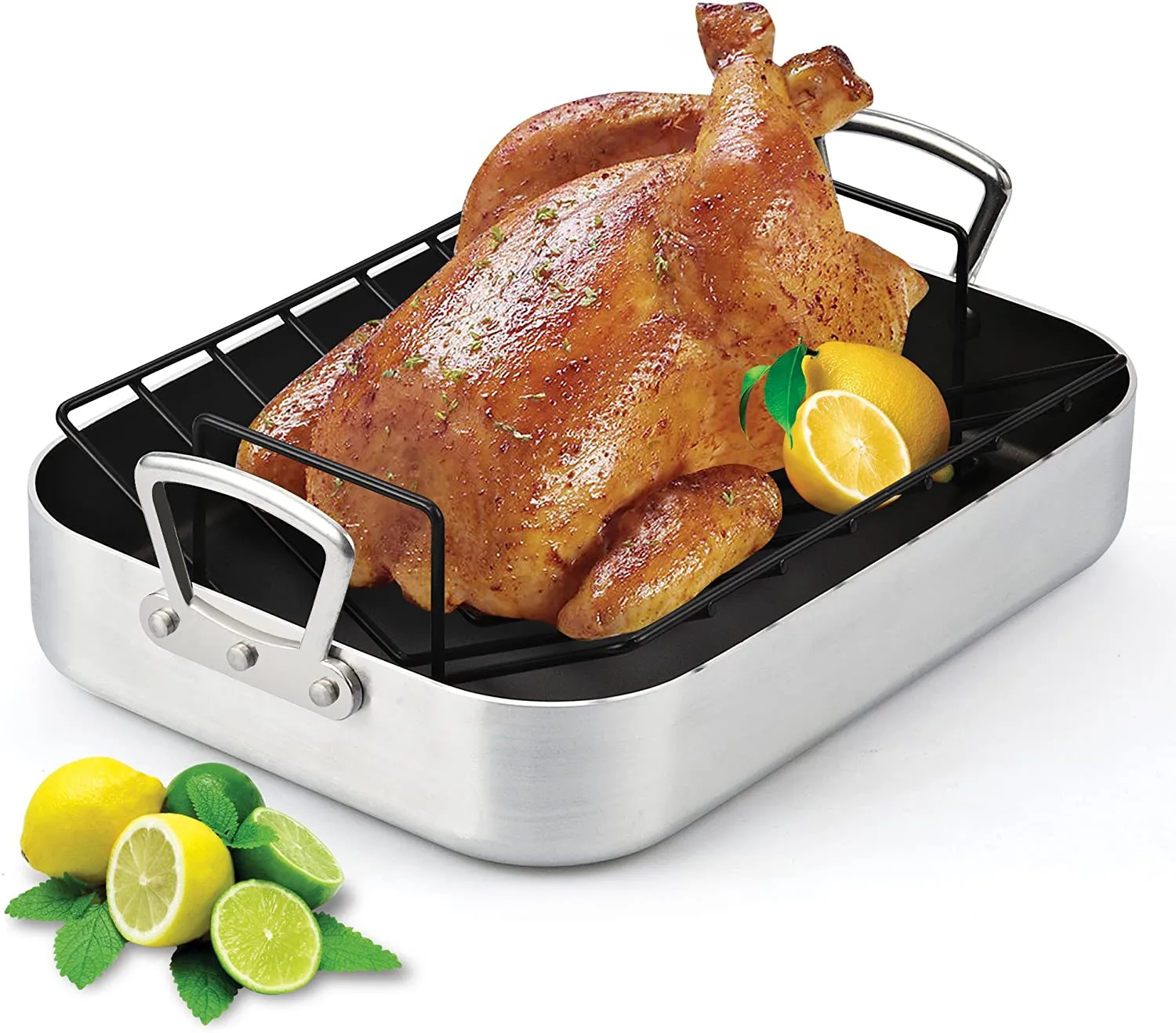 Cook N Home 16 by 12-Inch Pan, Black Nonstick Bakeware Roaster with Rack