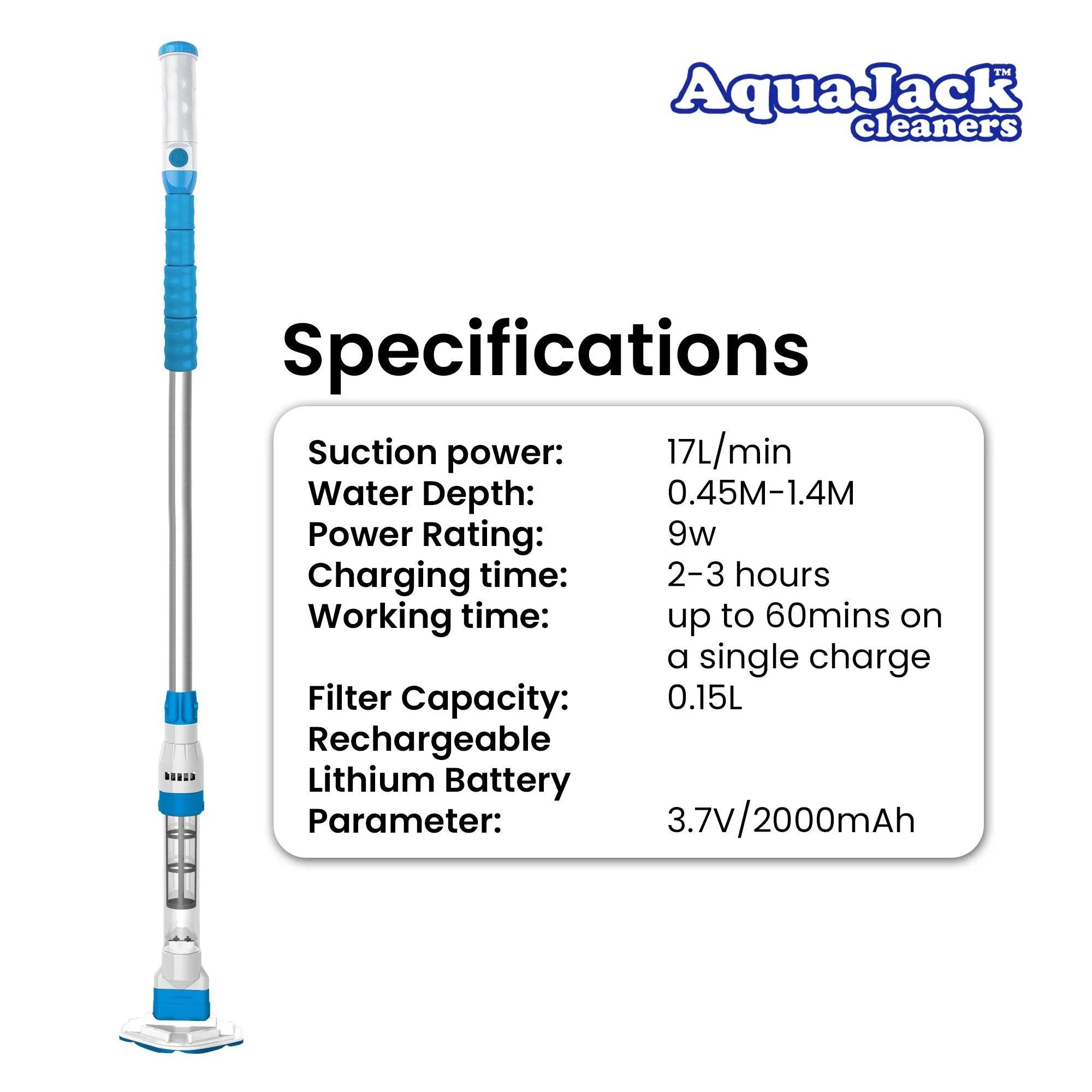 Cordless Spa & Pool Vacuum Cleaner, 60min, 2 Heads - Aquajack