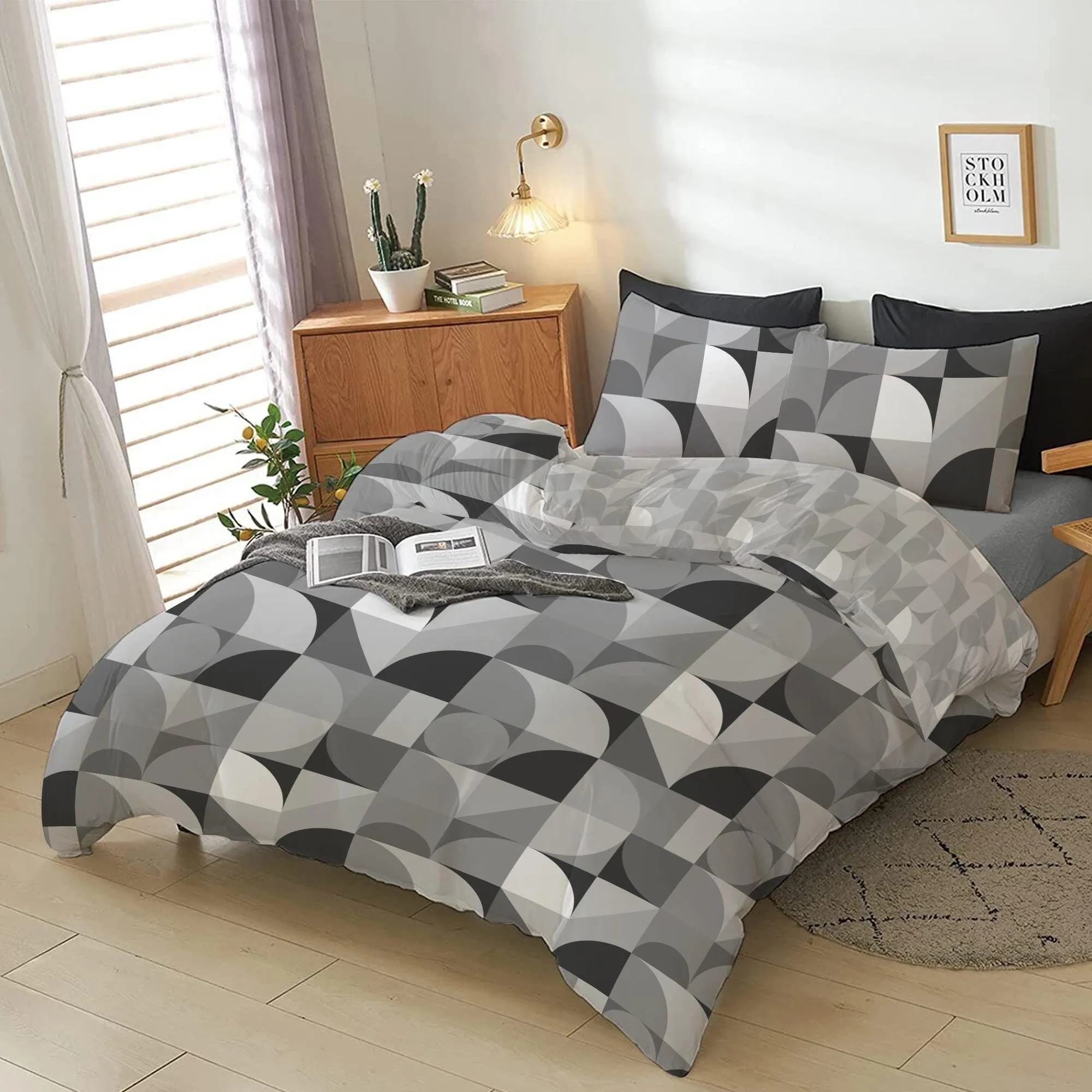 Cotton Home 4-Piece Luxury Cotton Comforter Set Bauhaus Prin Grey