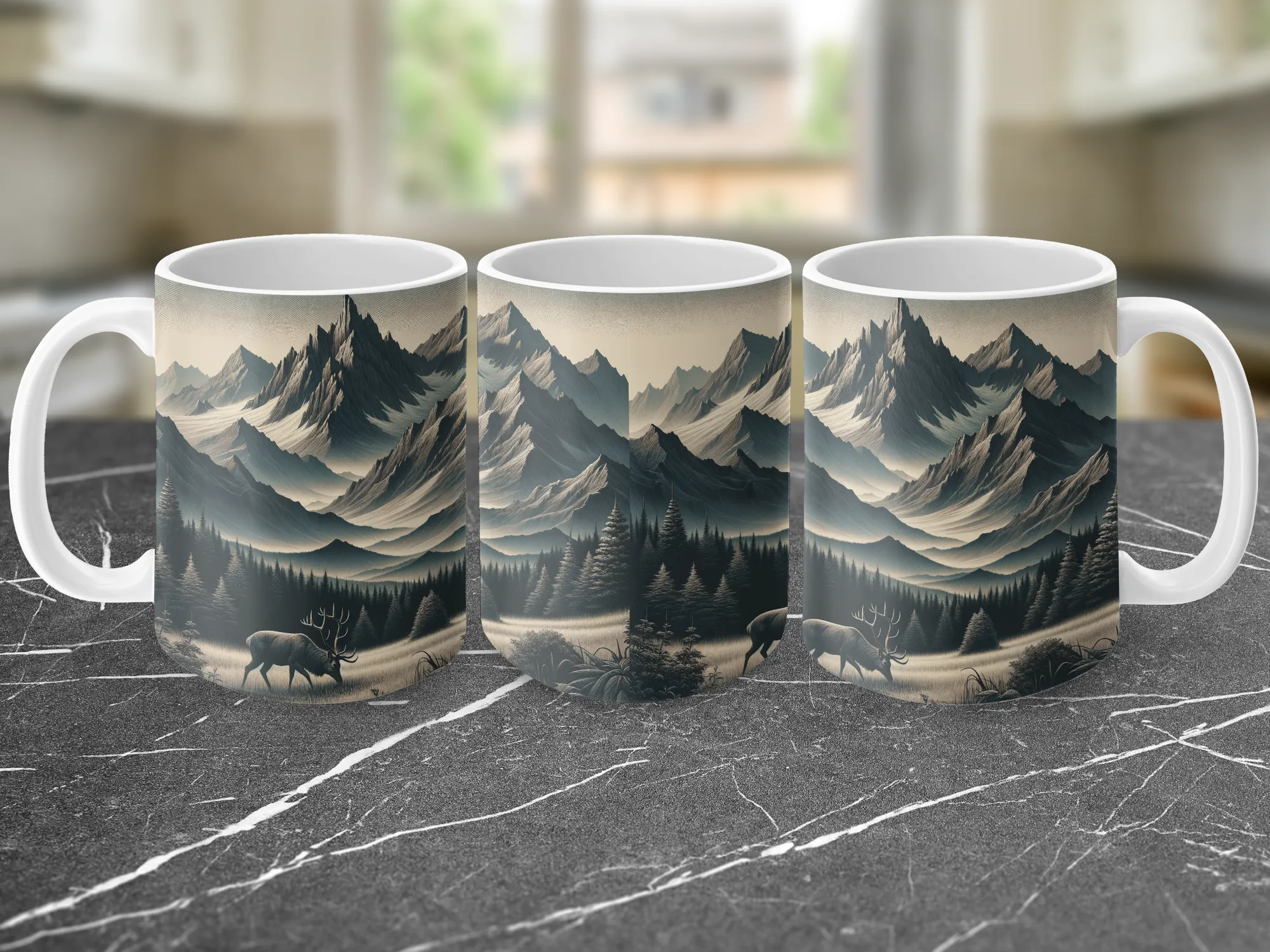 Deer and mountain landscape Coffee Mug, Rustic Mountain Mug, Ceramic Mug, Cozy Fall Mug, Mountain Mug Gift for Him, Coffee Cup