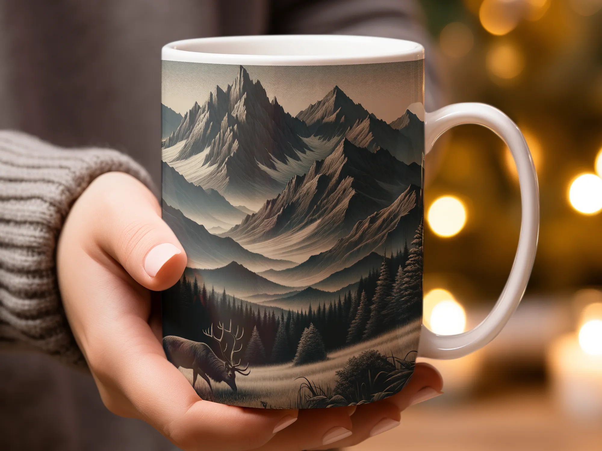 Deer and mountain landscape Coffee Mug, Rustic Mountain Mug, Ceramic Mug, Cozy Fall Mug, Mountain Mug Gift for Him, Coffee Cup