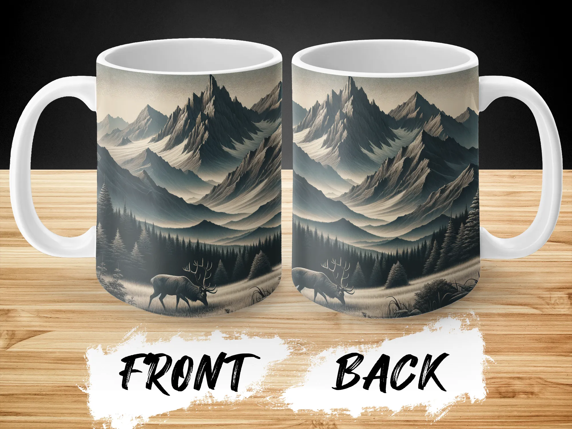 Deer and mountain landscape Coffee Mug, Rustic Mountain Mug, Ceramic Mug, Cozy Fall Mug, Mountain Mug Gift for Him, Coffee Cup