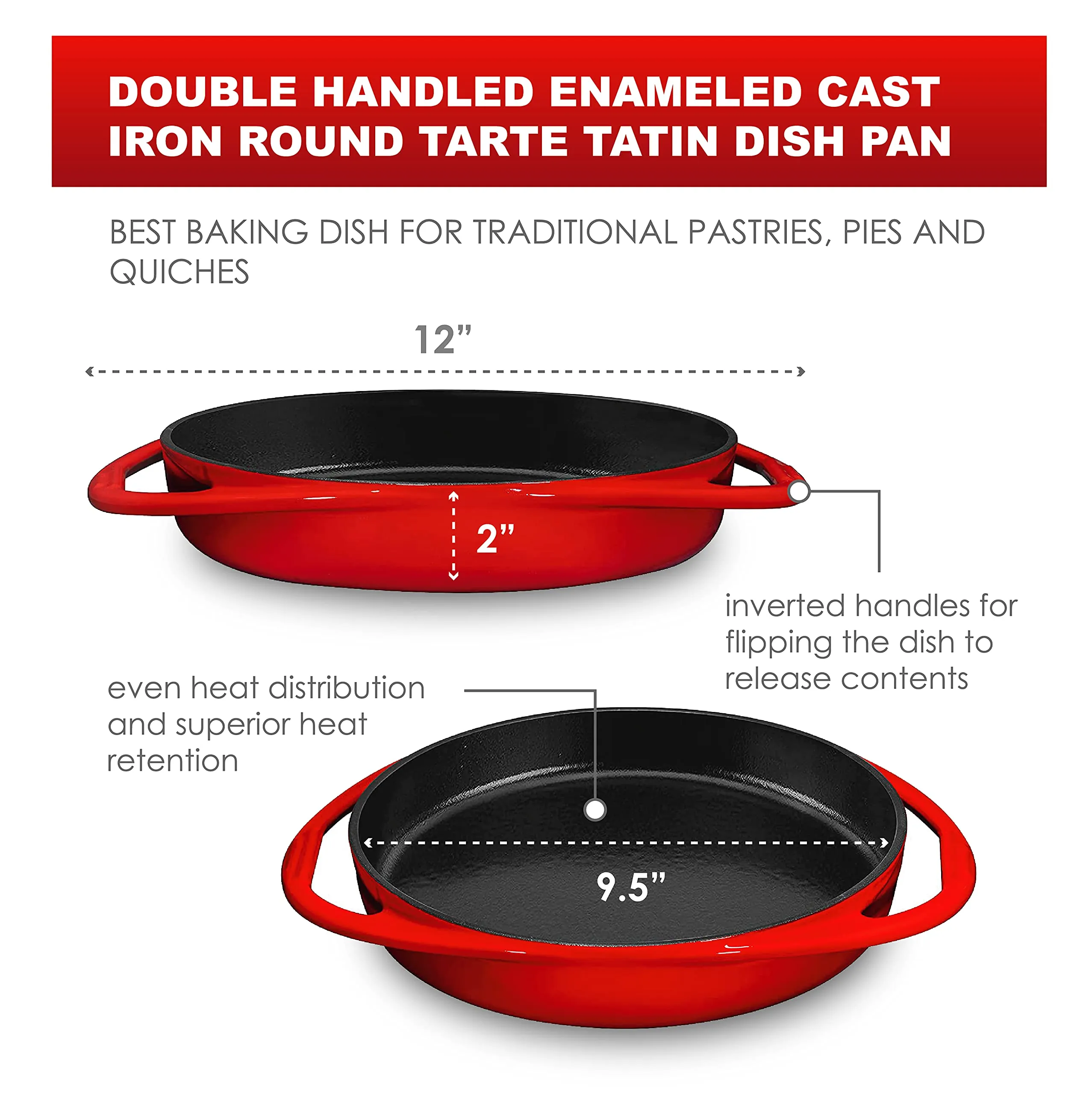 Double Handled Enameled Red Cast Iron Round Tarte Tatin Dish Pan Mini Roasting