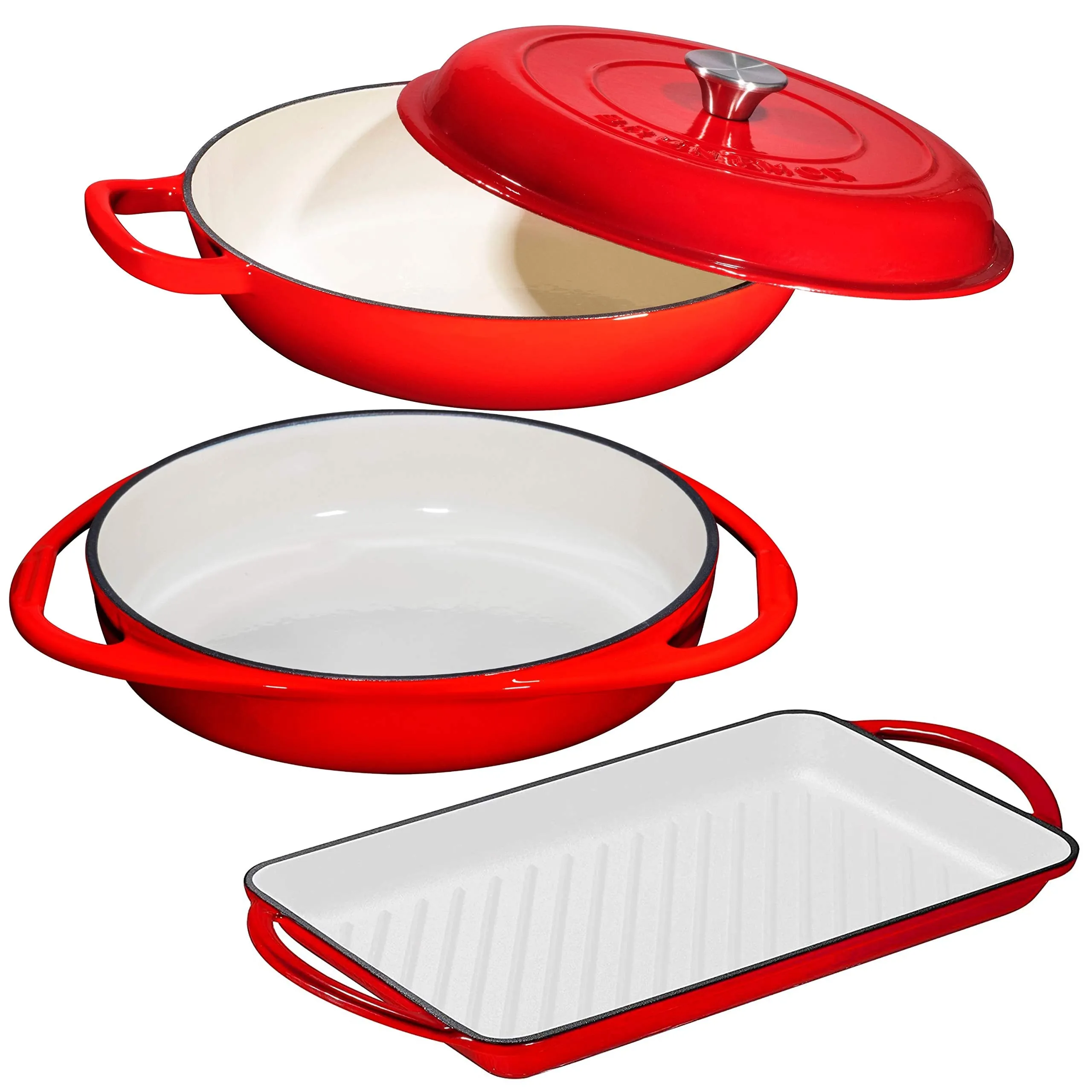 Enameled Cast Iron 3 Piece Gift Set, 38 Quart Braiser Pan With Lid, Rectangular