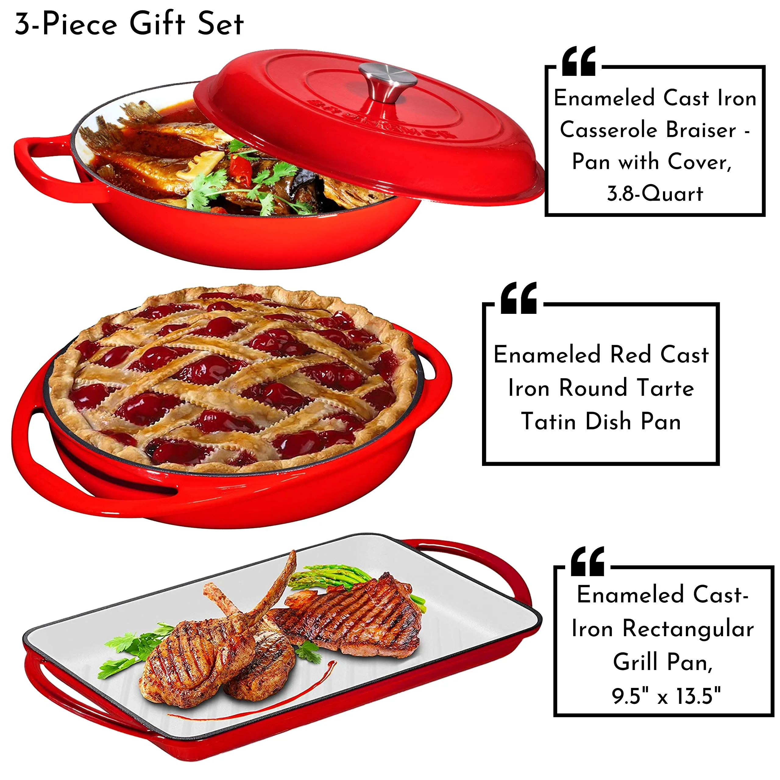 Enameled Cast Iron 3 Piece Gift Set, 38 Quart Braiser Pan With Lid, Rectangular