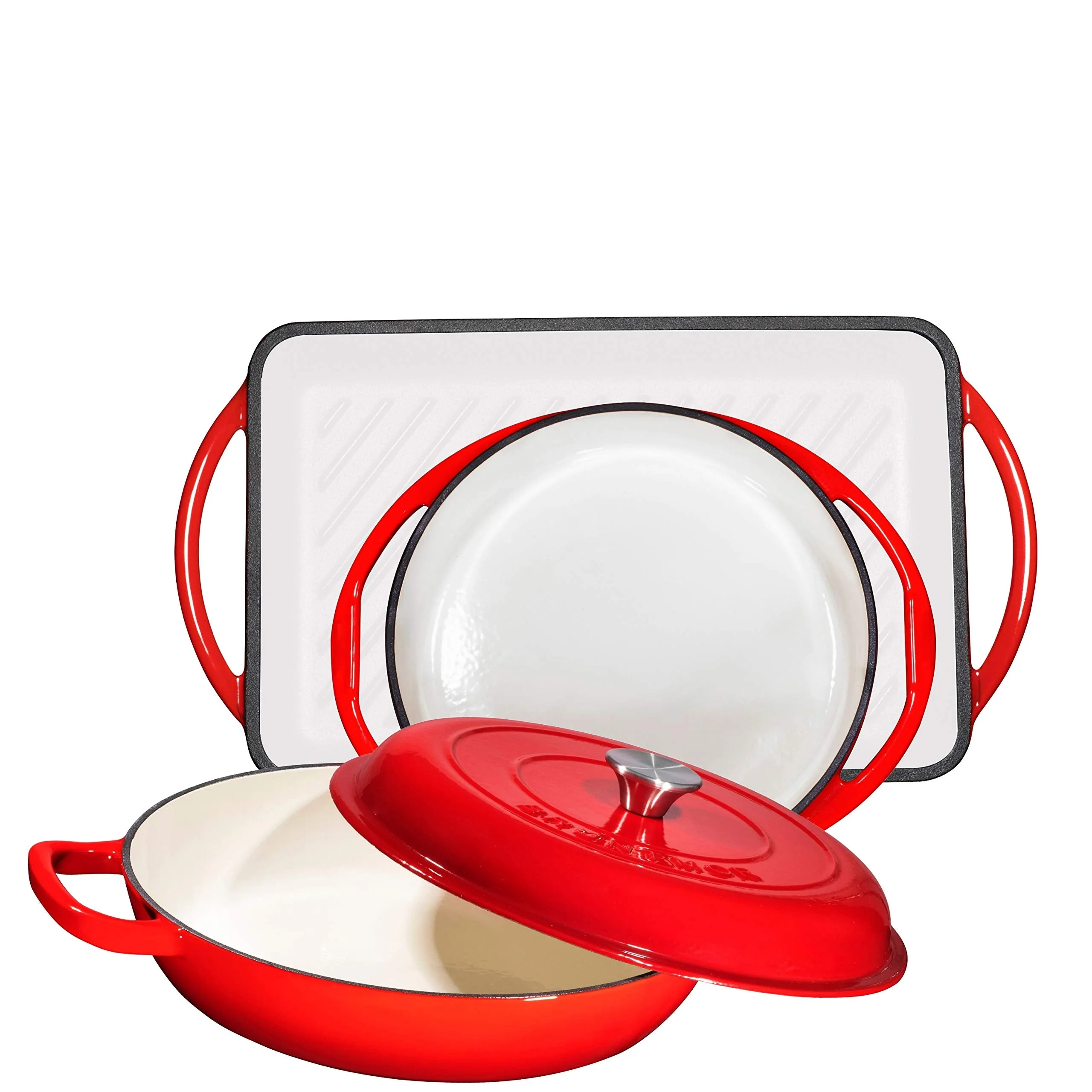 Enameled Cast Iron 3 Piece Gift Set, 38 Quart Braiser Pan With Lid, Rectangular