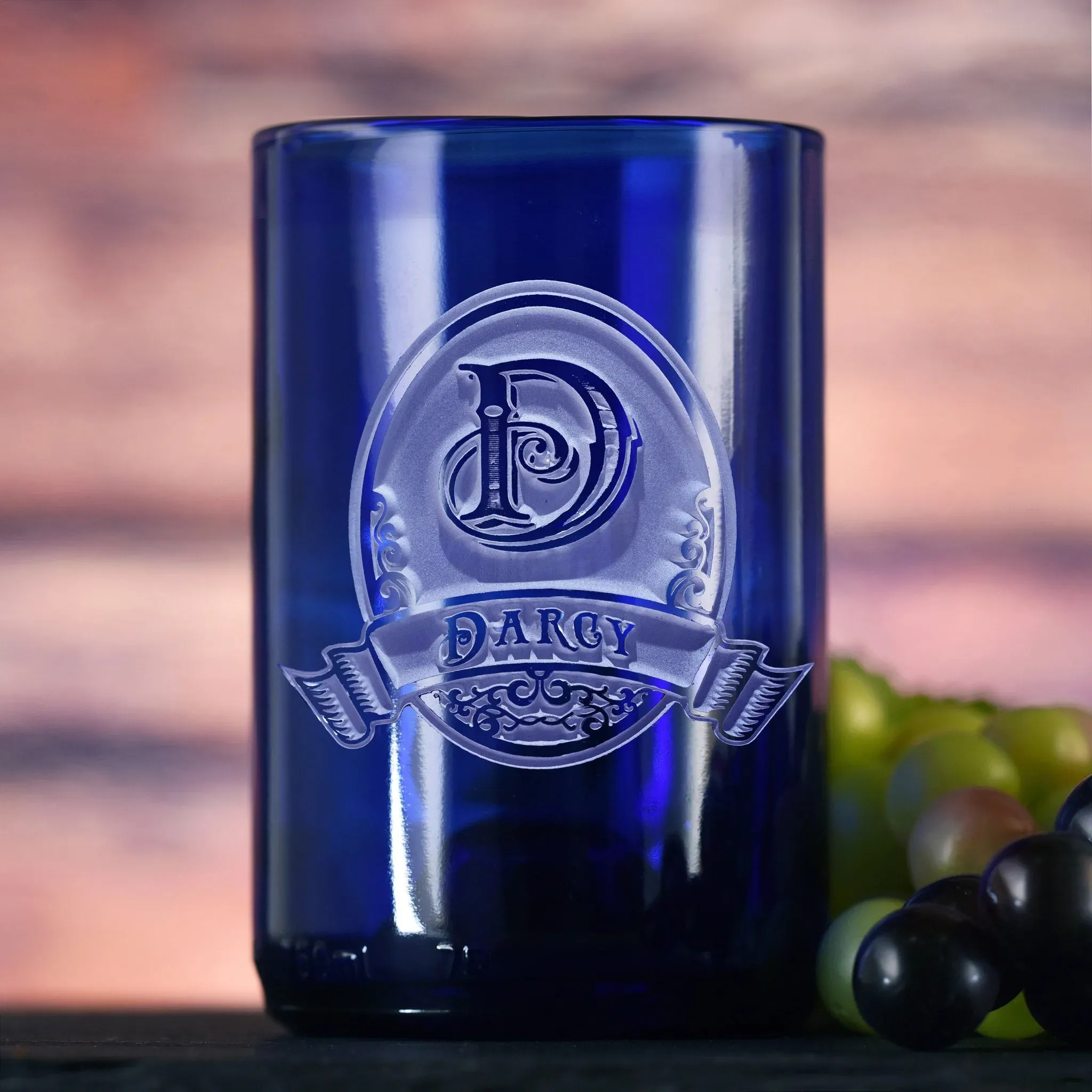 Engraved Cobalt Blue Recycled Wine Bottle Glass Tumbler