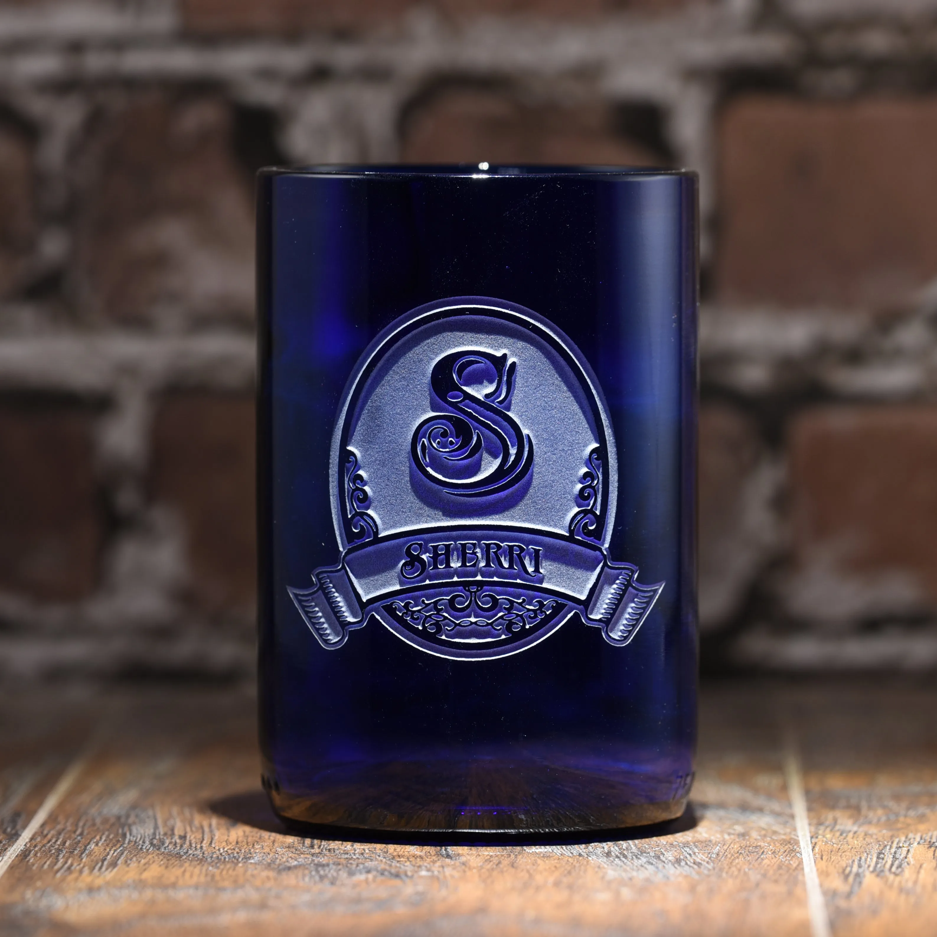 Engraved Cobalt Blue Recycled Wine Bottle Glass Tumbler