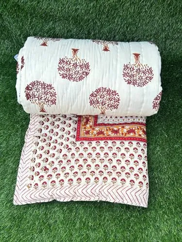 FABDESIGN QUILTS Jaipuri Razai Tree Print Double Bed Rajsthani Traditional Hand Stitched Lightweight Pure Cotton Winter and Summer Jaipuri Ac Quilt Razai/Rajai/Blanket/Comforter - (88X103) Maroon