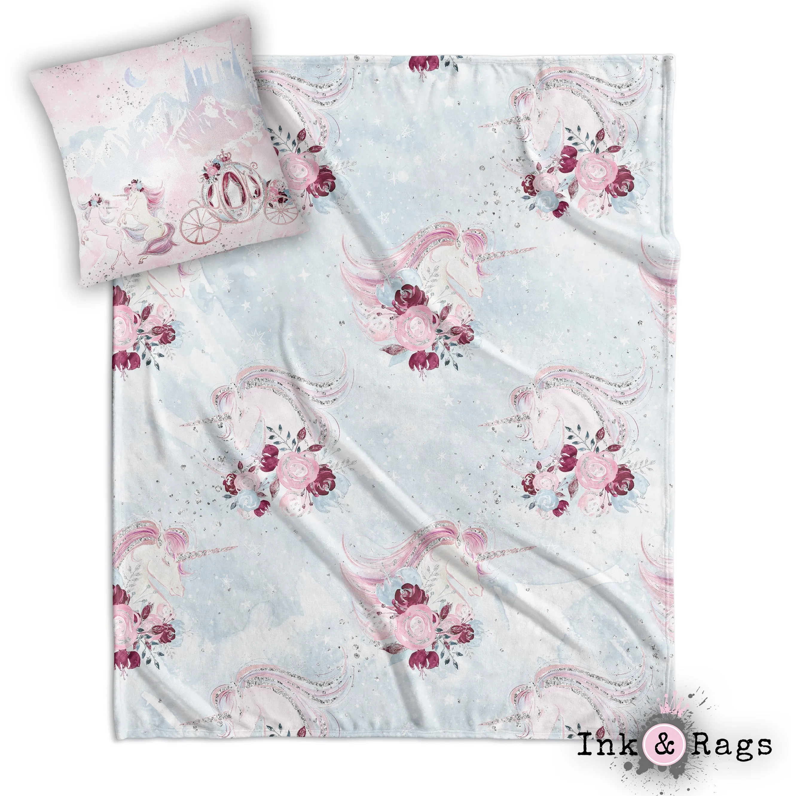 Fairytale Unicorn Rose Nursery Throw and Pillow Cover Set